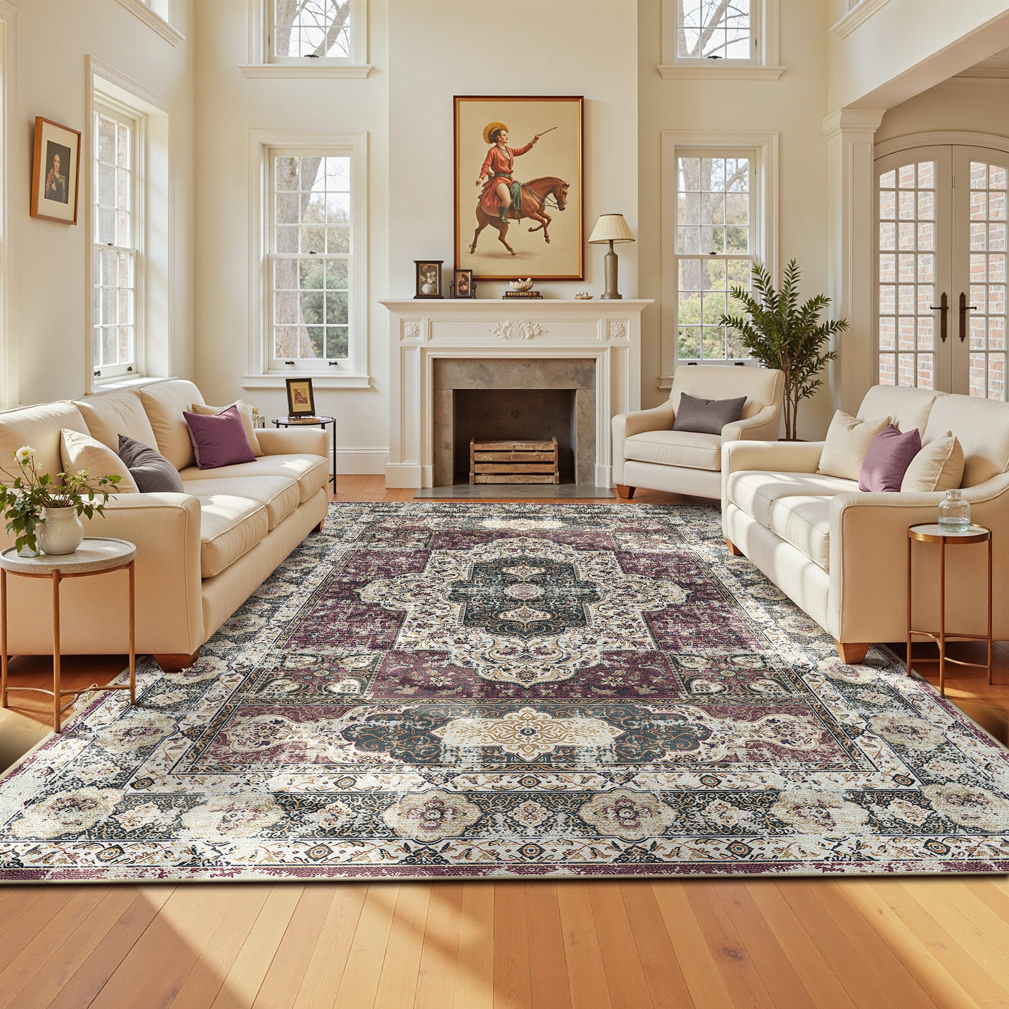 8'x10' Area Rugs for Living Room, Machine Washable No-Pile Non-Slip Soft Vintage Rugs, Indoor Print Bohemian Distressed Carpet, Red