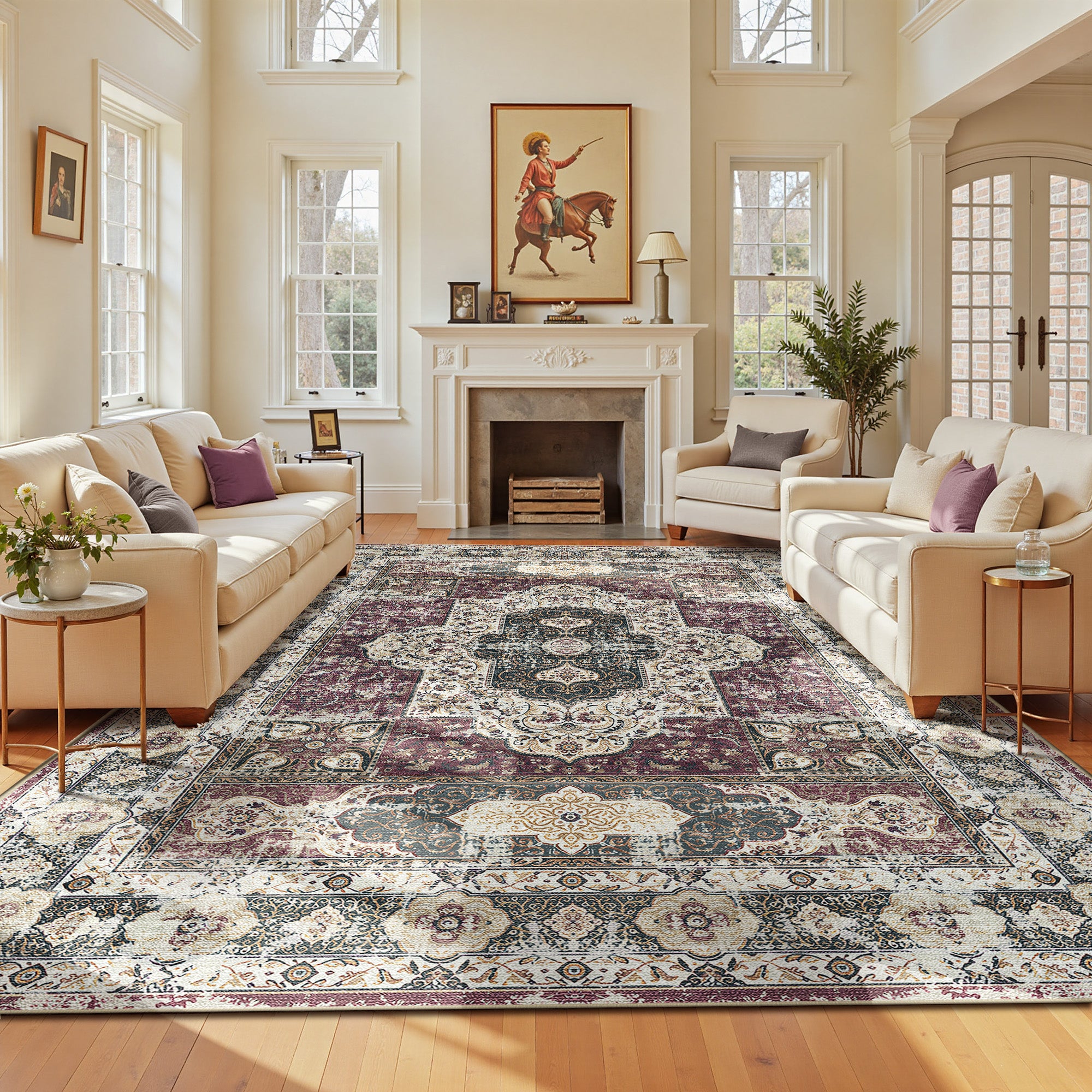 9'x12' Area Rugs for Living Room, Machine Washable No-Pile Non-Slip Soft Vintage Rugs, Indoor Print Bohemian Distressed Carpet, Red