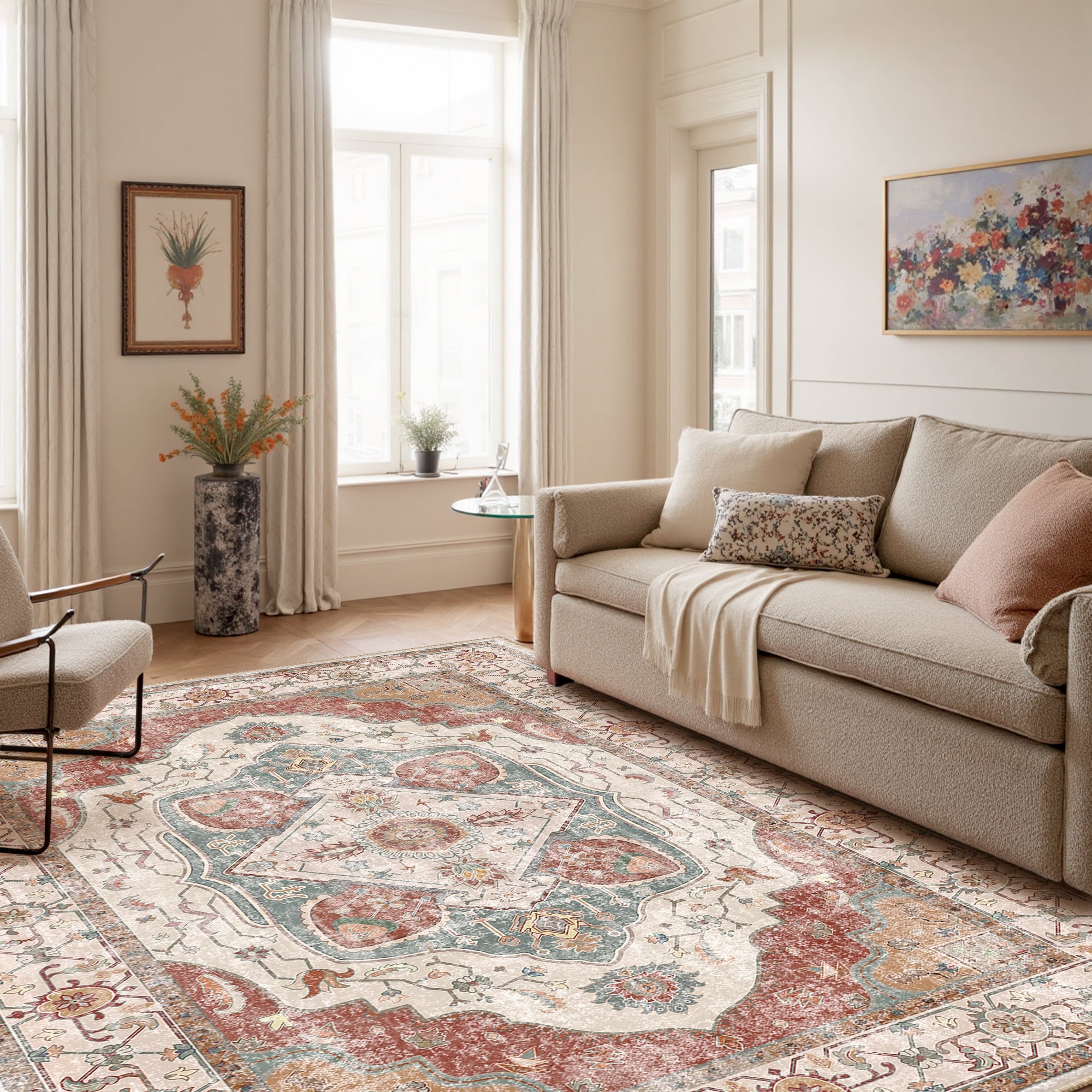 6'x9' Area Rug, Machine Washable Vintage Tribal Low Pile Indoor Carpet, Stain Resistant Non-Slip No-Shedding Soft Area Rugs for Living Room, Brick Red