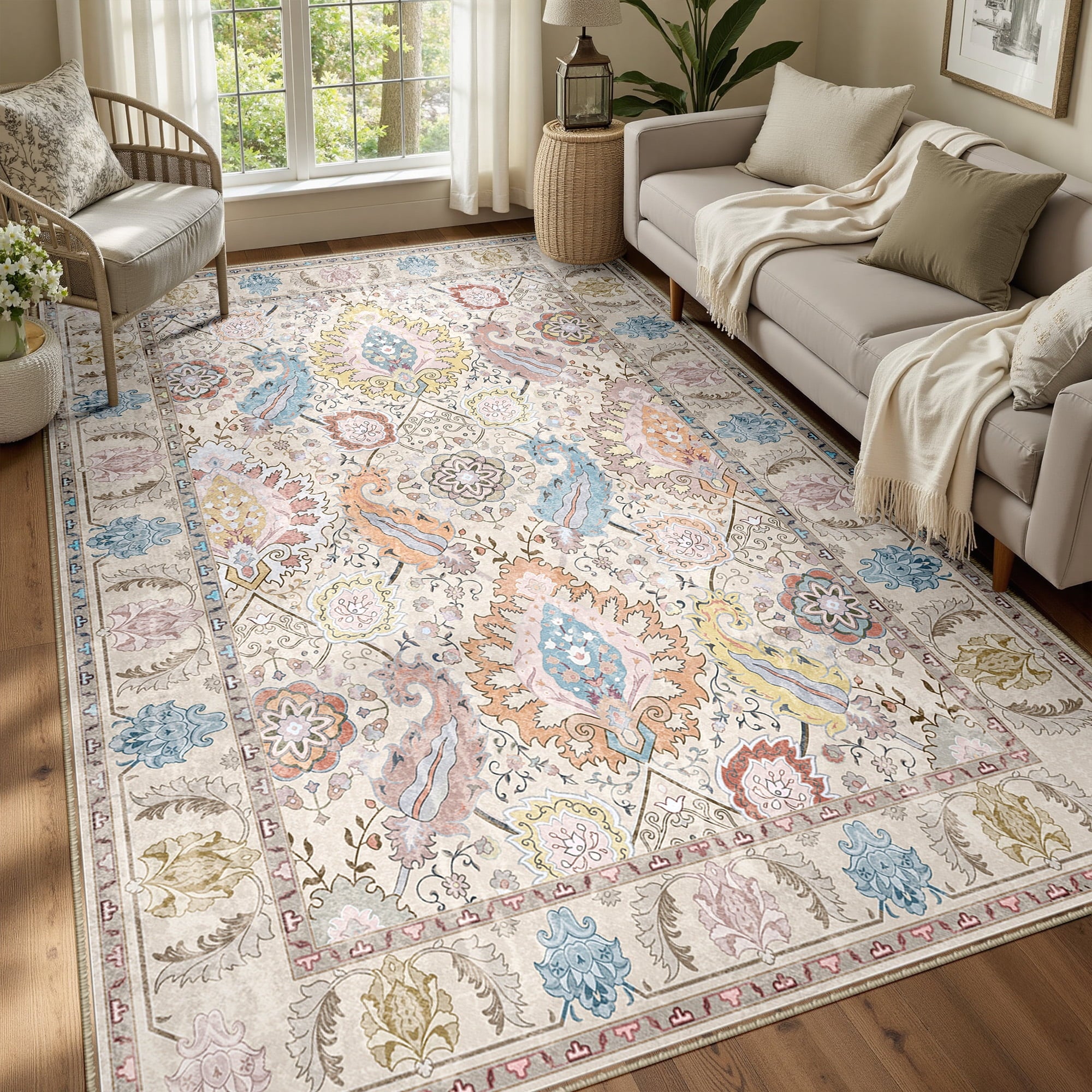 Boho Area Rug 5'x7', Machine Washable Non-Slip Vintage Bohemian Carpet, Indoor Soft Stain Resistant Low Pile Rug for Living Room, Cream