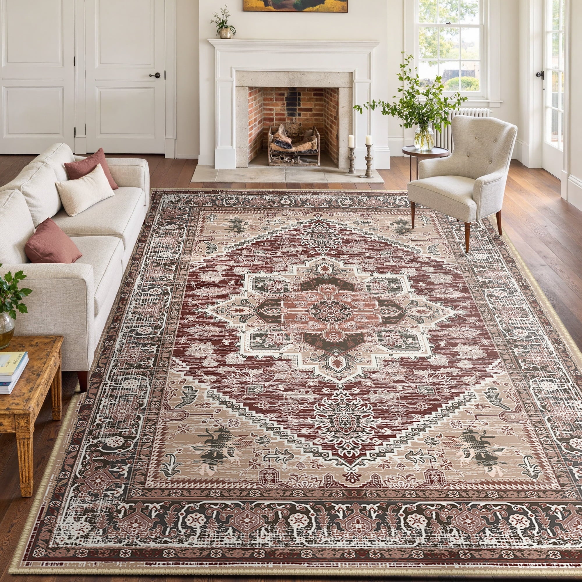 Area Rug 9'x12' Washable, Non Slip Stain Resistant Low Pile Soft Carpet, Vintage Print Pattern Rug for Living Room, Burgundy