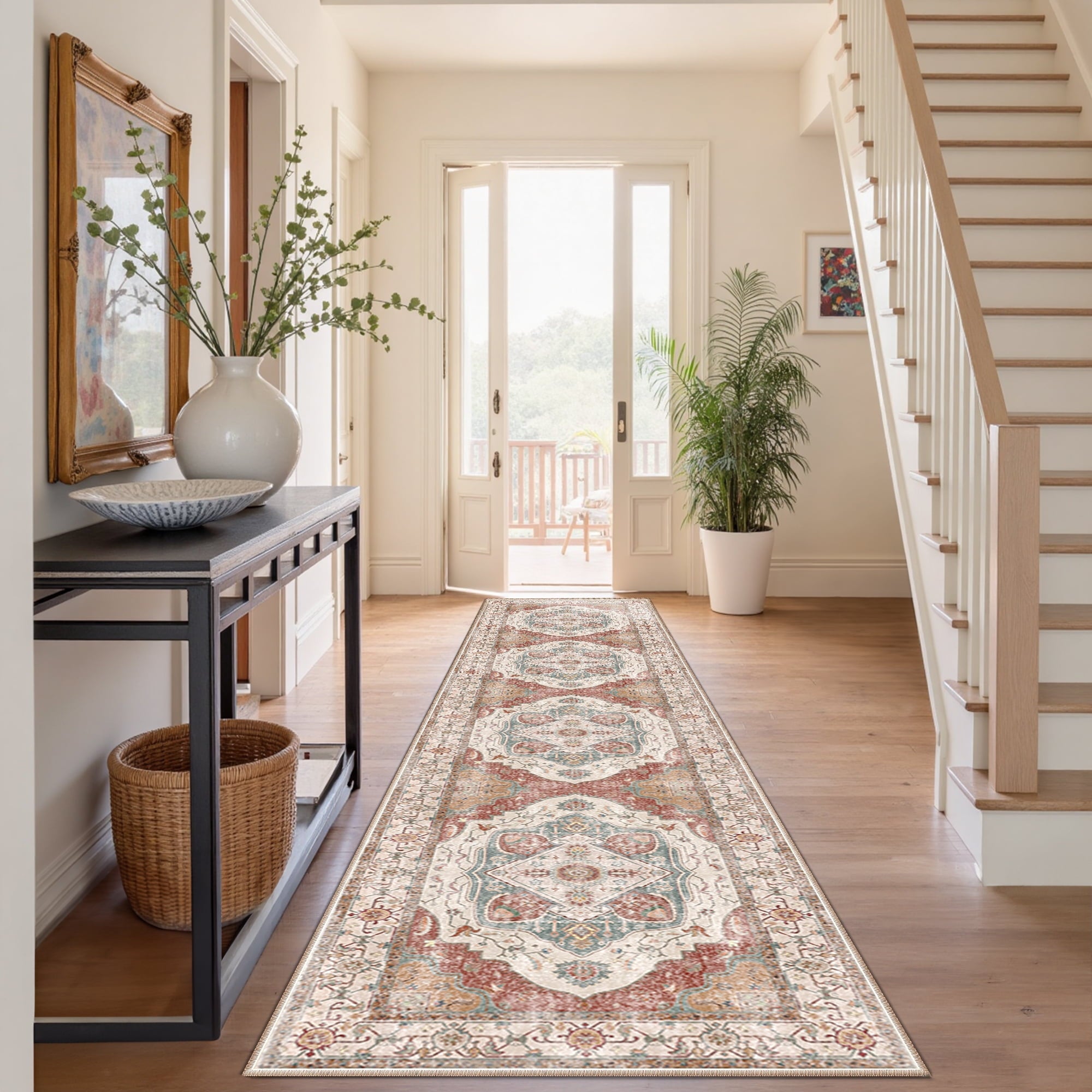 2'x10' Area Rug, Machine Washable Vintage Tribal Low Pile Indoor Carpet, Stain Resistant Non-Slip No-Shedding Soft Runner Rugs for Hallway, Brick Red