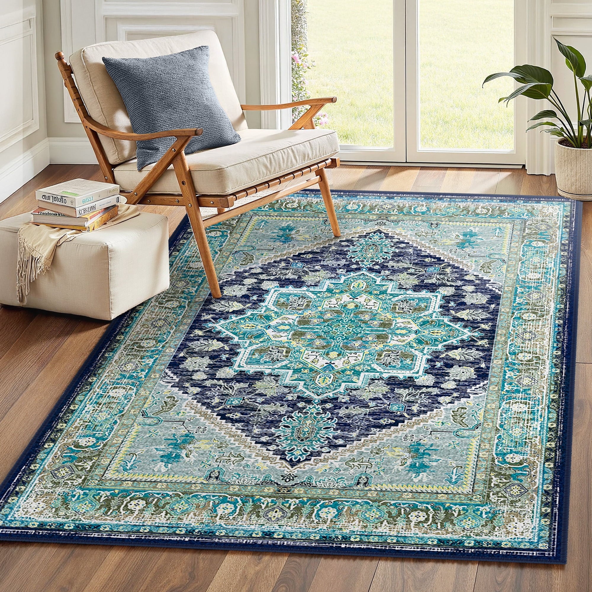 Area Rug 3'x5' Washable, Non Slip Stain Resistant Low Pile Soft Carpet, Vintage Print Pattern Rug for Living Room, Blue & Green