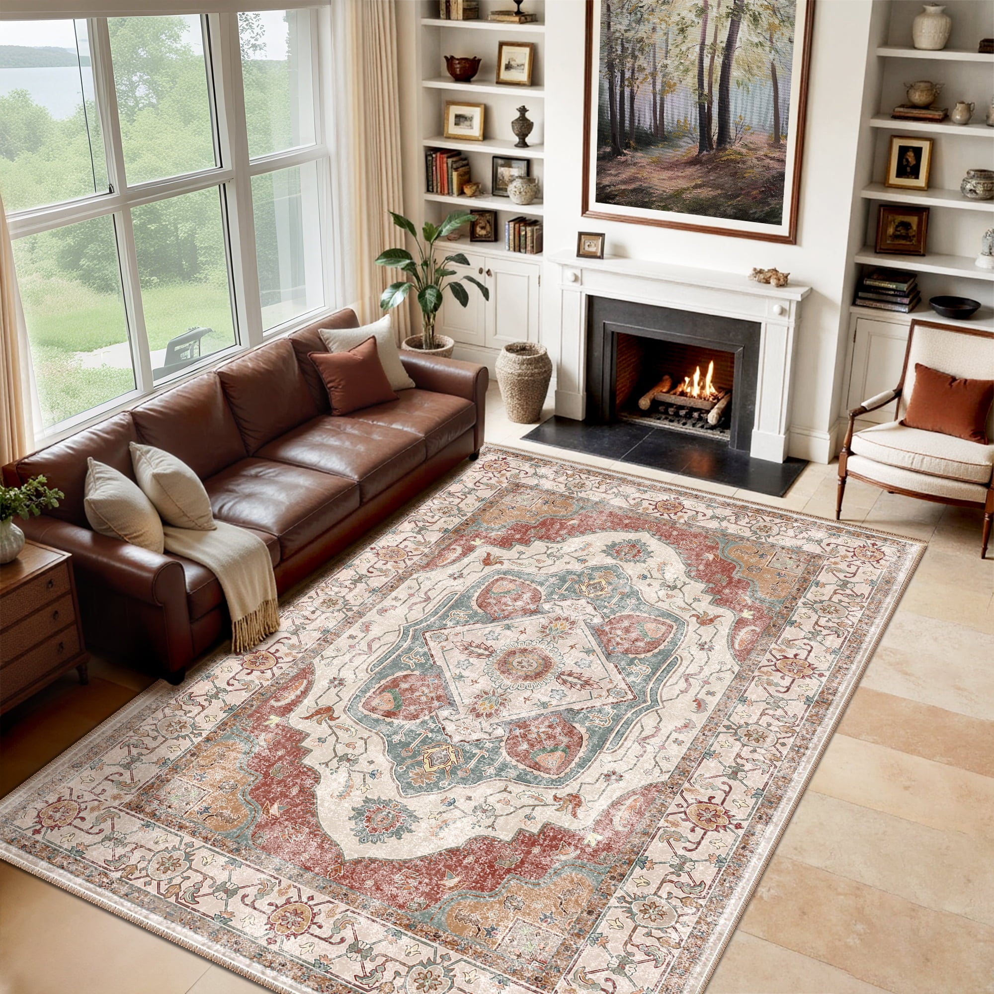 8'x10' Area Rug, Machine Washable Vintage Tribal Low Pile Indoor Carpet, Stain Resistant Non-Slip No-Shedding Soft Area Rugs for Living Room, Brick Red