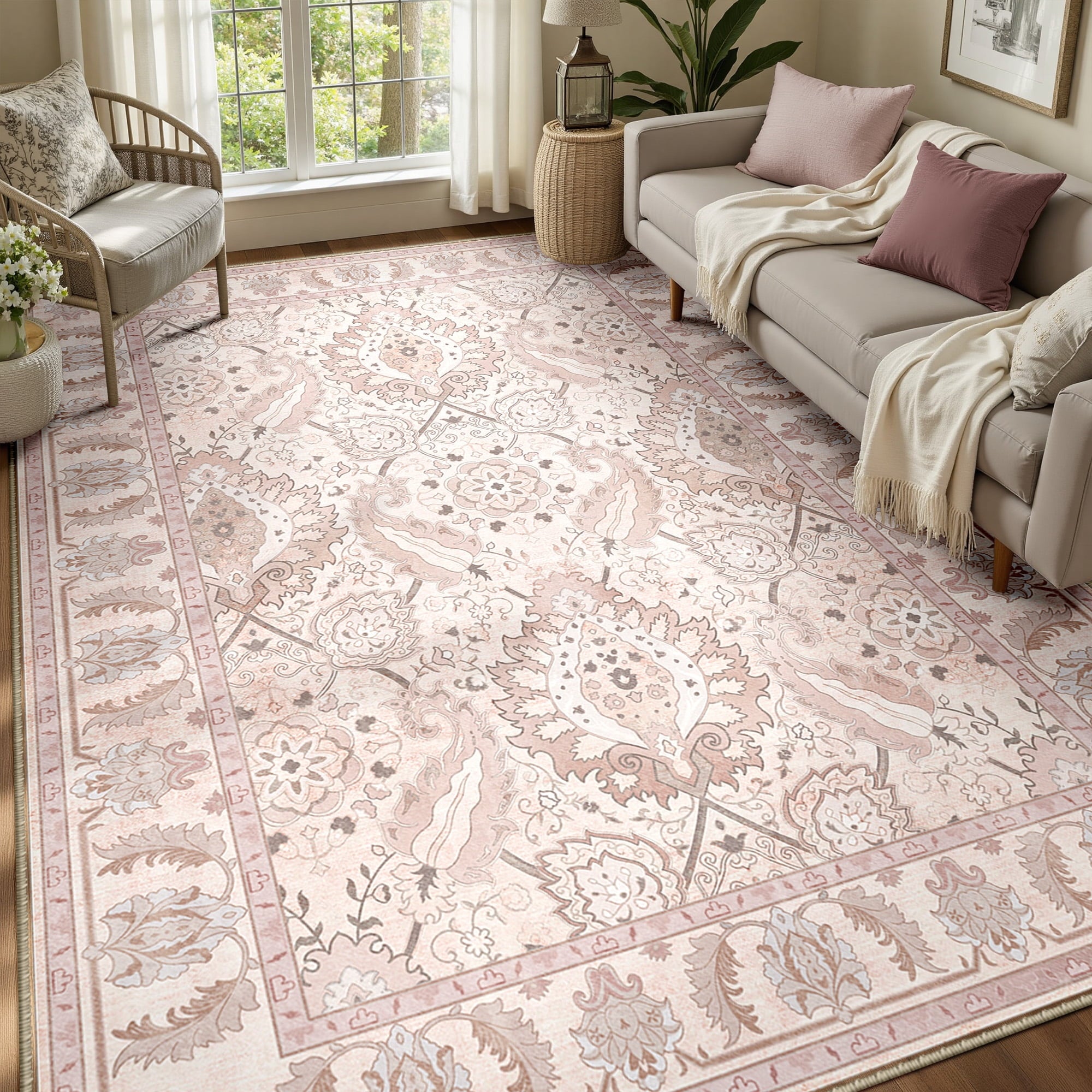 Boho Area Rug 6'x9', Machine Washable Non-Slip Vintage Bohemian Carpet, Indoor Soft Stain Resistant Low Pile Rug for Living Room, Pink