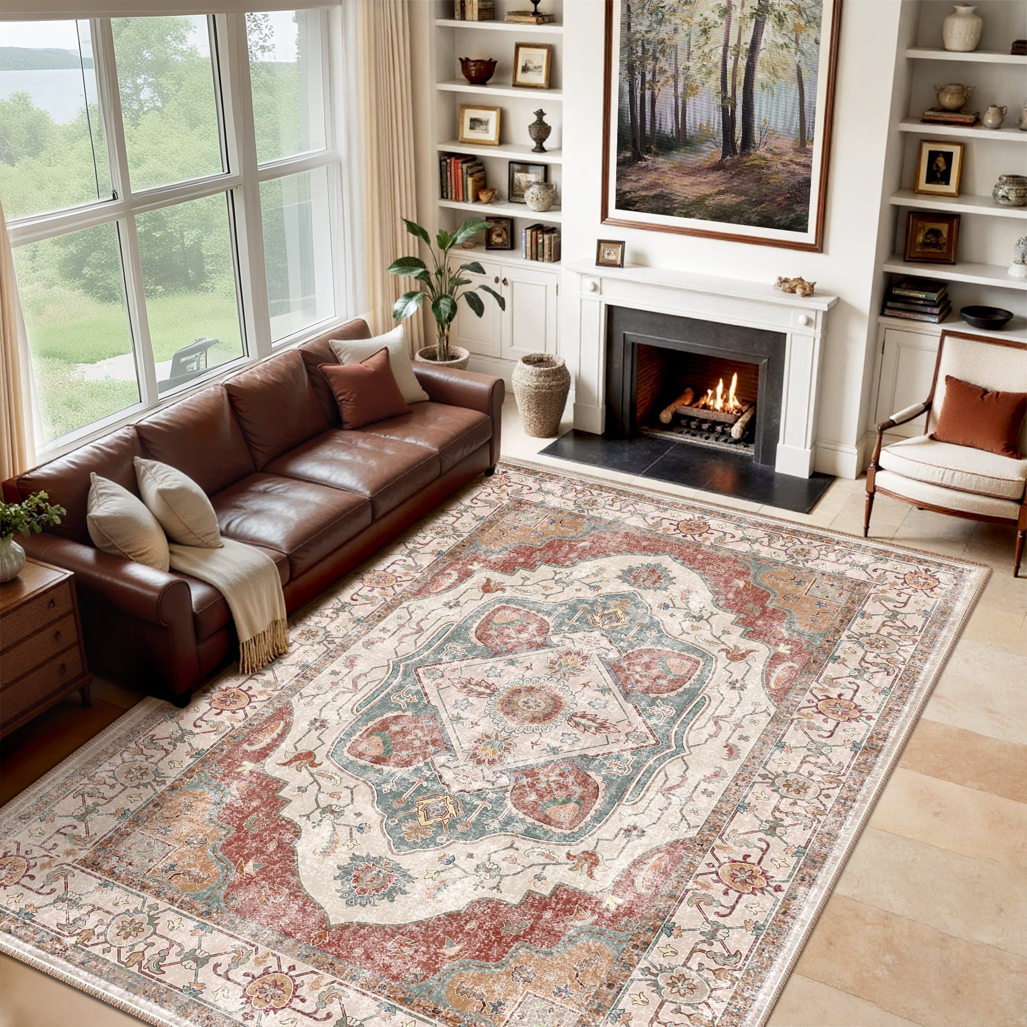 9'x12' Area Rug, Machine Washable Vintage Tribal Low Pile Indoor Carpet, Stain Resistant Non-Slip No-Shedding Soft Area Rugs for Living Room, Brick Red