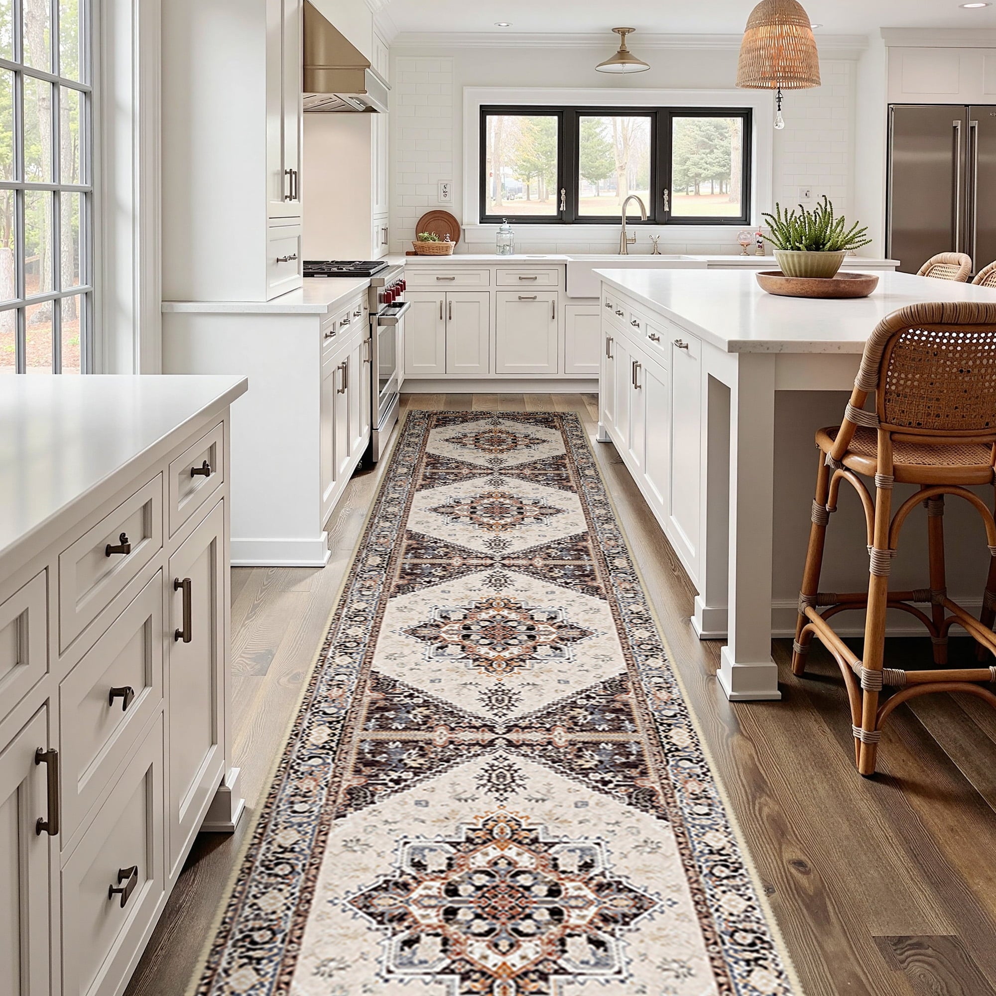 Area Rug 2'x10' Washable, Non Slip Stain Resistant Low Pile Soft Carpet, Vintage Print Pattern Runner Rug for Hallway, Khaki