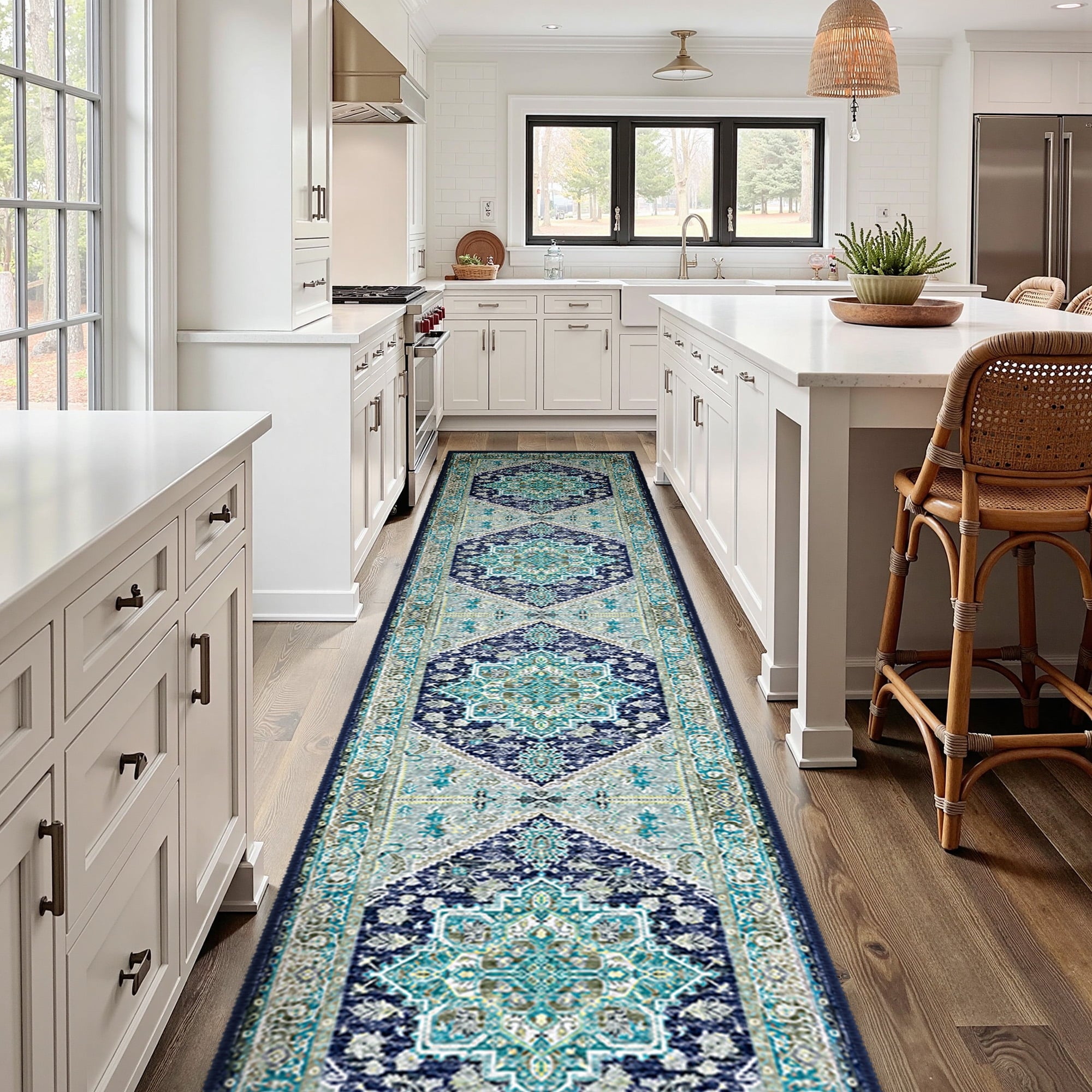 Area Rug 2'x10' Washable, Non Slip Stain Resistant Low Pile Soft Carpet, Vintage Print Pattern Runner Rug for Hallway, Blue & Green