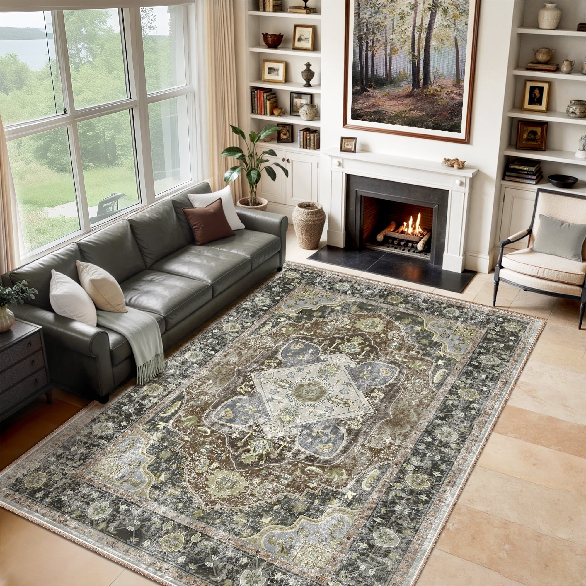 8'x10' Area Rug, Machine Washable Vintage Tribal Low Pile Indoor Carpet, Stain Resistant Non-Slip No-Shedding Soft Area Rugs for Living Room, Dark Green