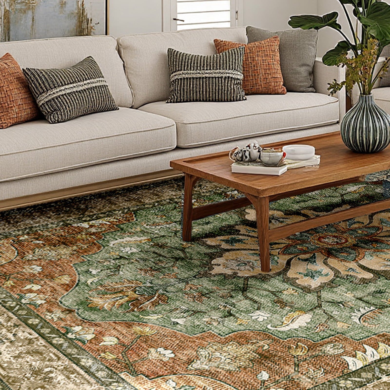 NewBuros Area Rugs 4'x6', Machine Washable Non-Slip Rug for Living Room Bedroom, Low Pile Floral Vintage Distress Print Pattern Medallion Carpet, Brick Red Green