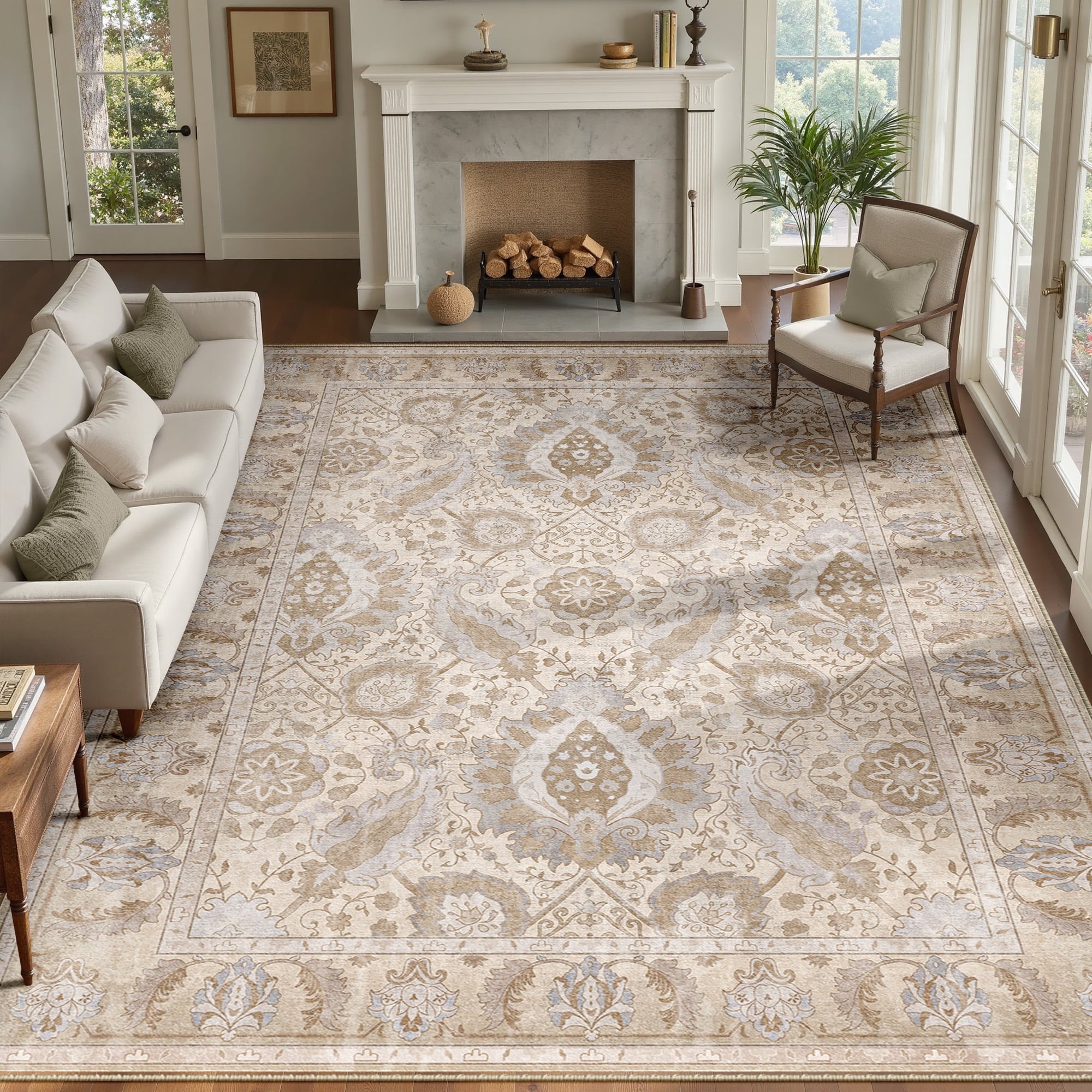 Boho Area Rug 9'x12', Machine Washable Non-Slip Vintage Bohemian Carpet, Indoor Soft Stain Resistant Low Pile Rug for Living Room, Khaki