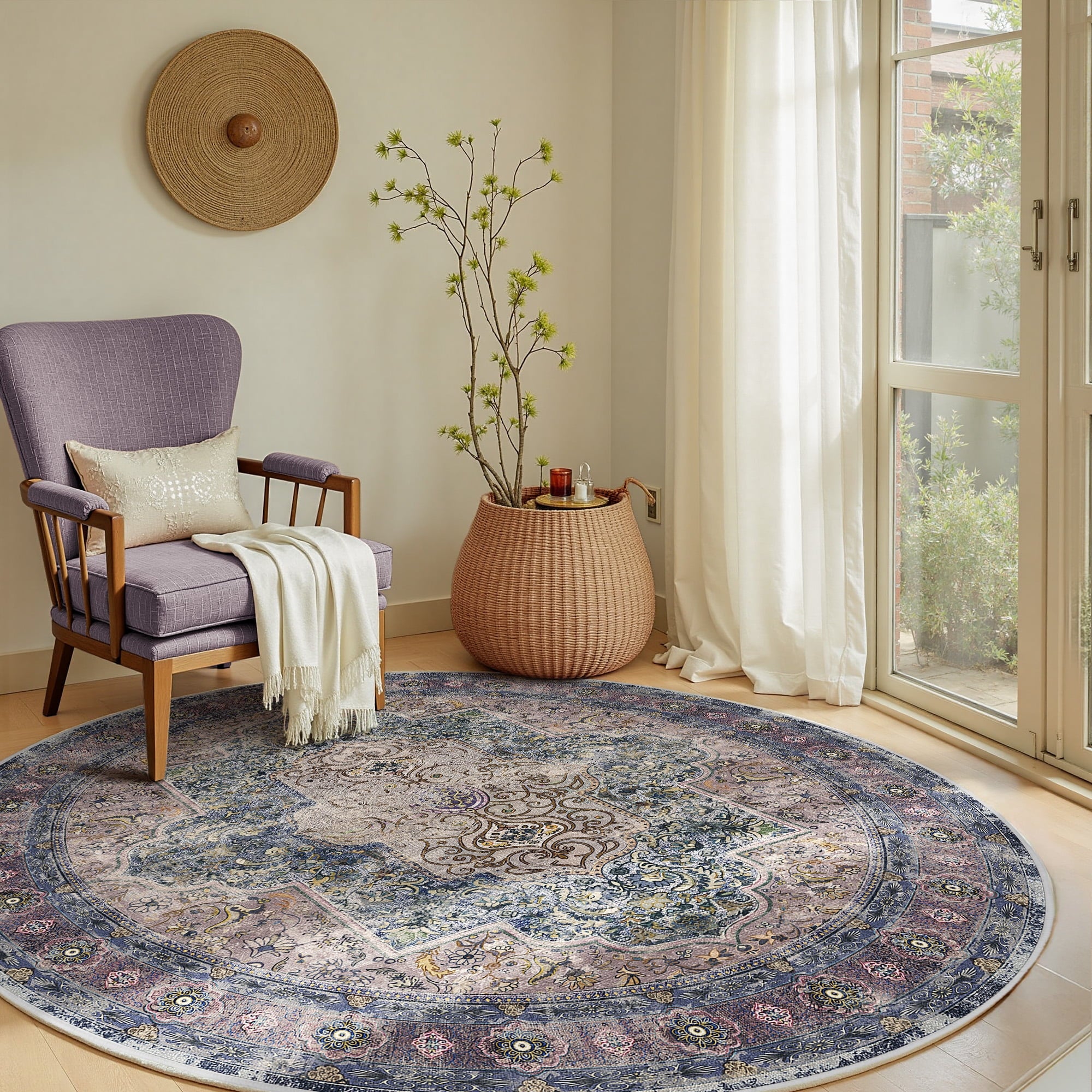 6FT Area Rugs for Living Room, Machine Washable No-Pile Non-Slip Soft Vintage Rugs, Indoor Print Bohemian Distressed Round Carpet, Purple