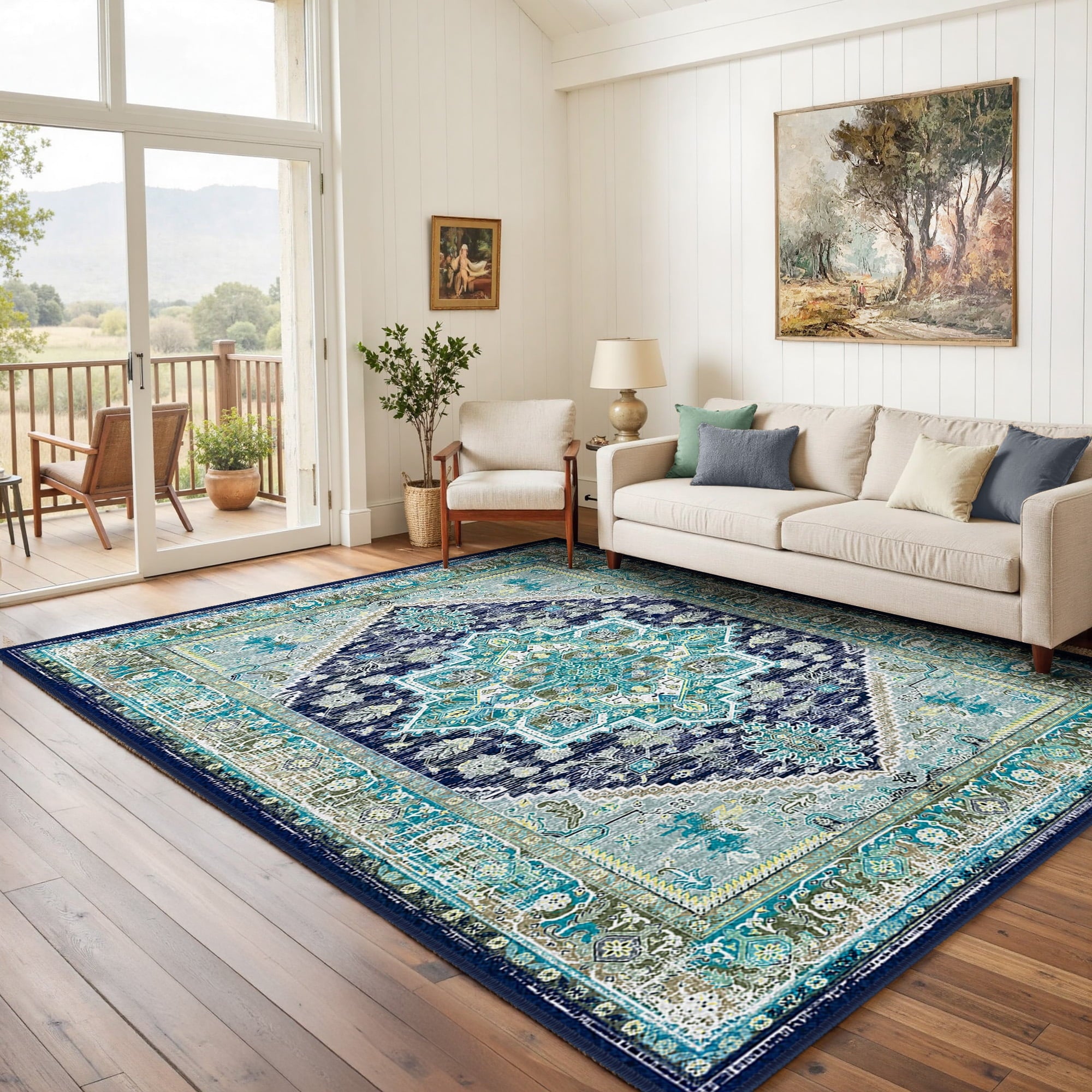 Area Rug 5'x7' Washable, Non Slip Stain Resistant Low Pile Soft Carpet, Vintage Print Pattern Rug for Living Room, Blue & Green
