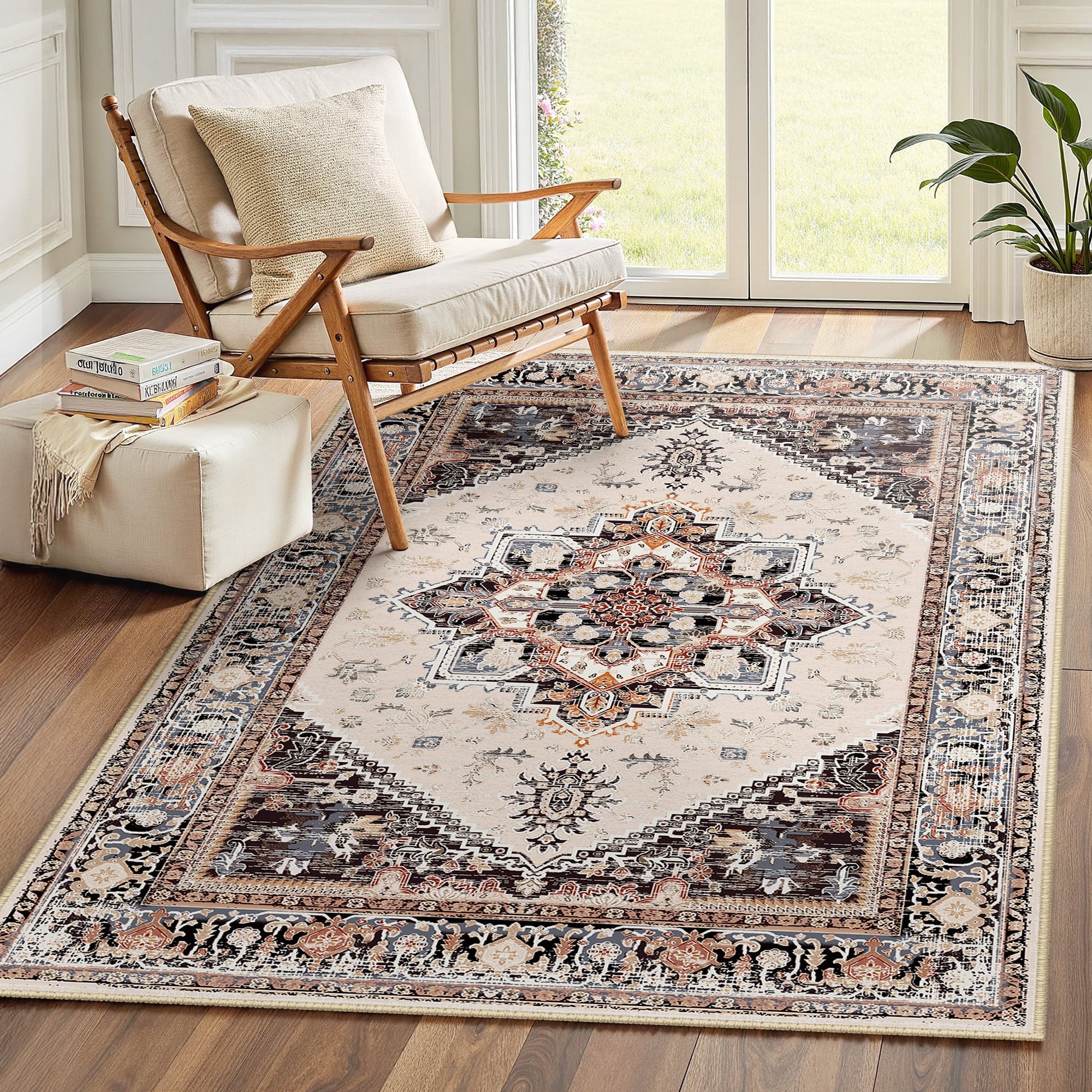 Area Rug 3'x5' Washable, Non Slip Stain Resistant Low Pile Soft Carpet, Vintage Print Pattern Rug for Living Room, Khaki