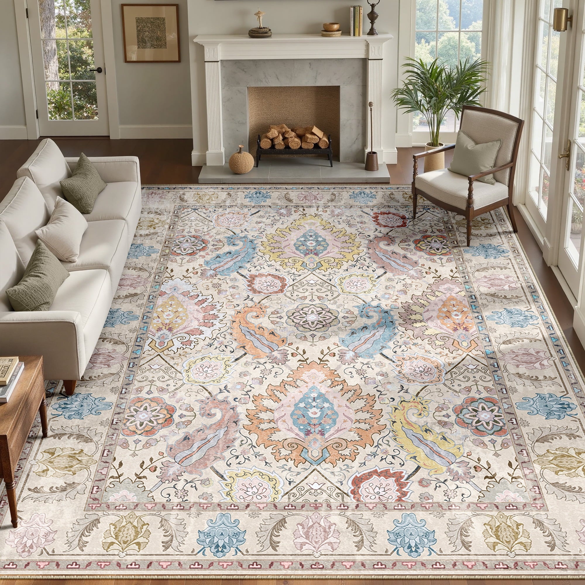 Boho Area Rug 9'x12', Machine Washable Non-Slip Vintage Bohemian Carpet, Indoor Soft Stain Resistant Low Pile Rug for Living Room, Cream