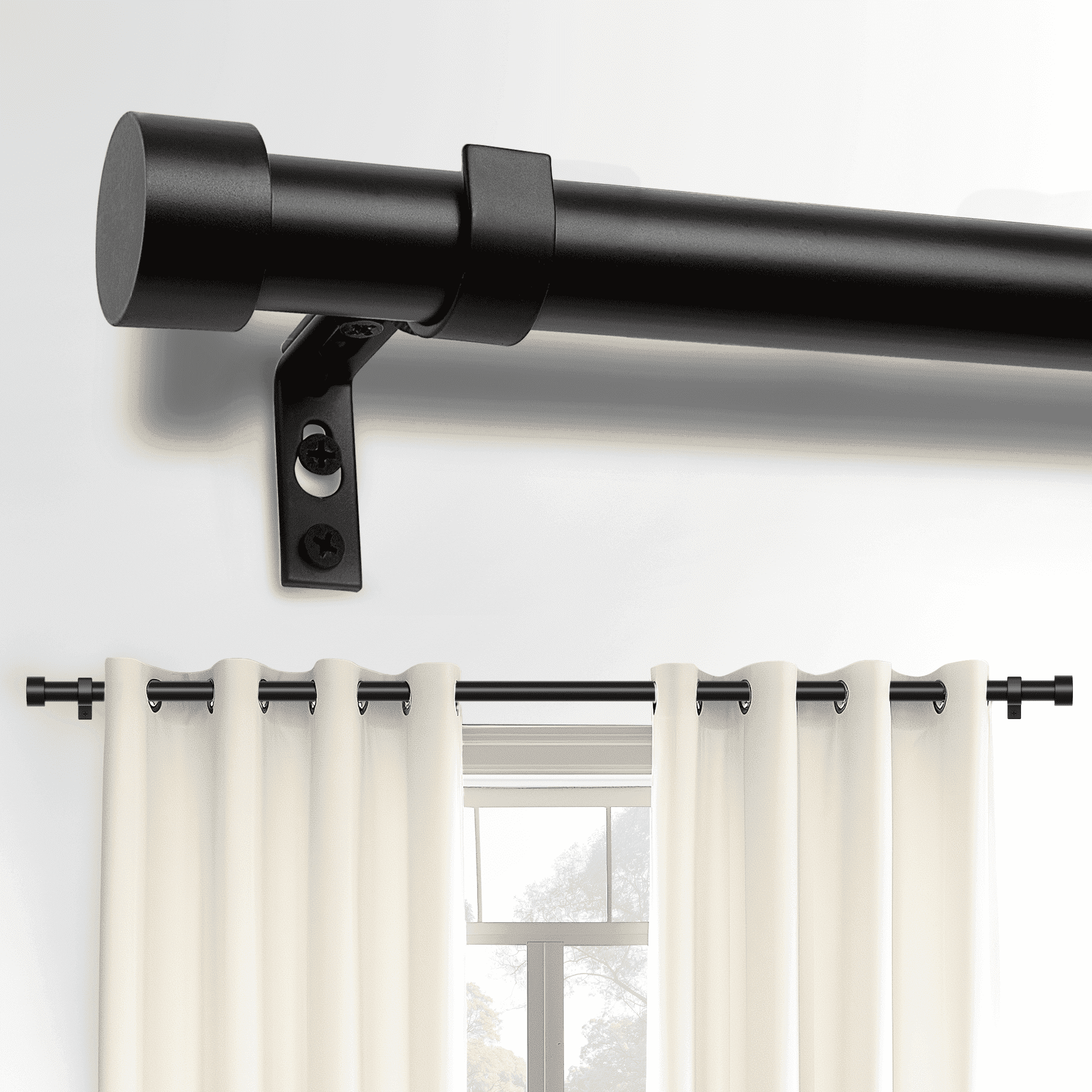 32-48 Curtain Rods, 1 inch Diameter Window Curtain Rod Set,Heavy Duty Curtain Rods with Aluminium Finials,Black
