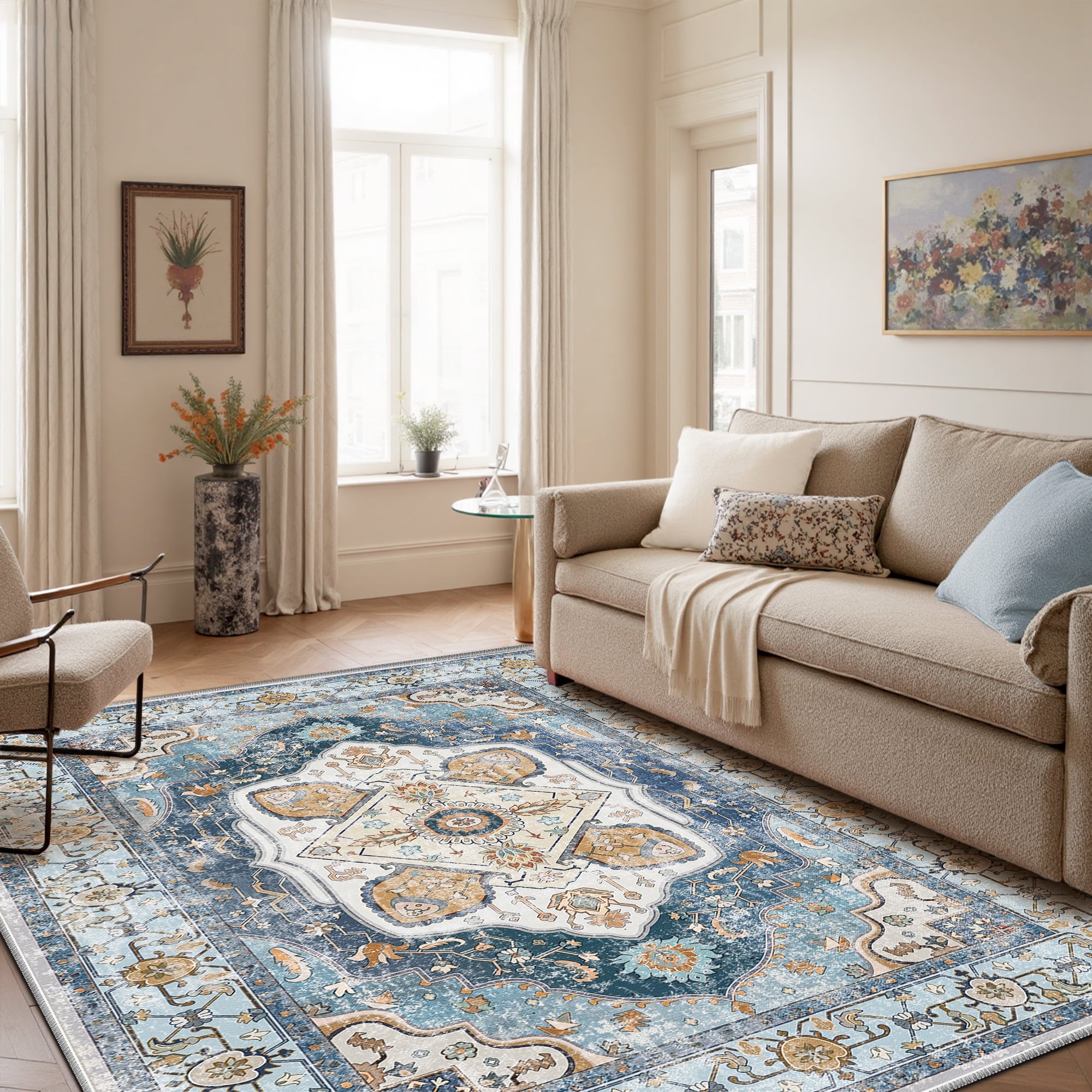 5'x7' Area Rug, Machine Washable Vintage Tribal Low Pile Indoor Carpet, Stain Resistant Non-Slip No-Shedding Soft Area Rugs for Living Room, Sky Blue