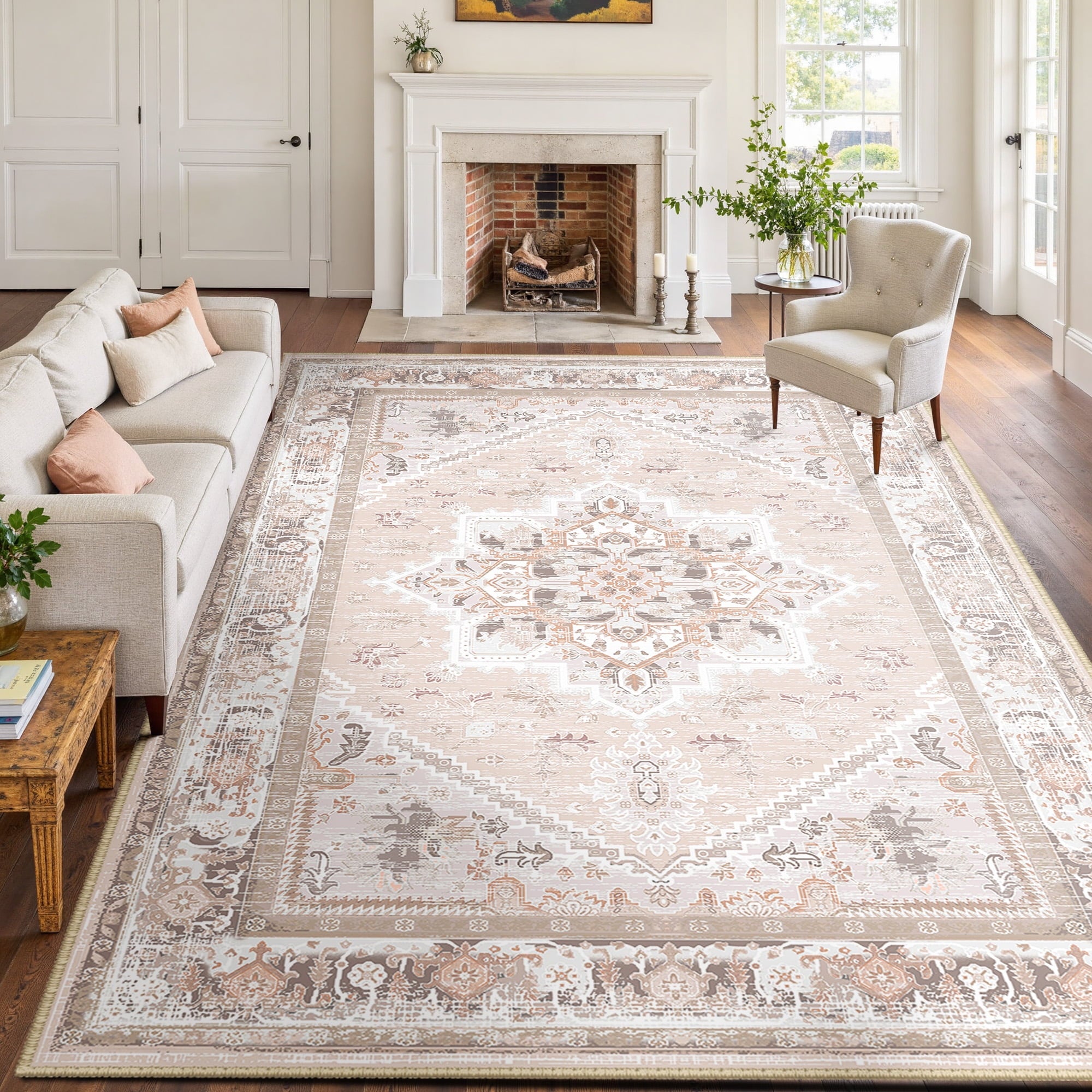 Area Rug 9'x12' Washable, Non Slip Stain Resistant Low Pile Soft Carpet, Vintage Print Pattern Rug for Living Room, Pink