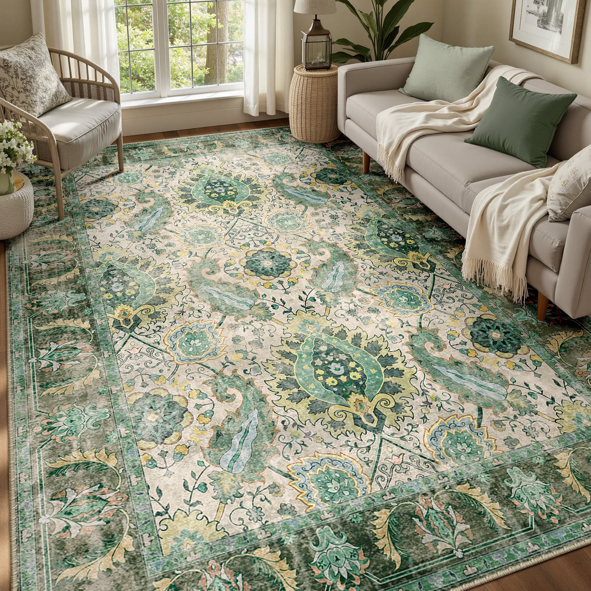 Boho Area Rug 6'x9', Machine Washable Non-Slip Vintage Bohemian Carpet, Indoor Soft Stain Resistant Low Pile Rug for Living Room, Light Green