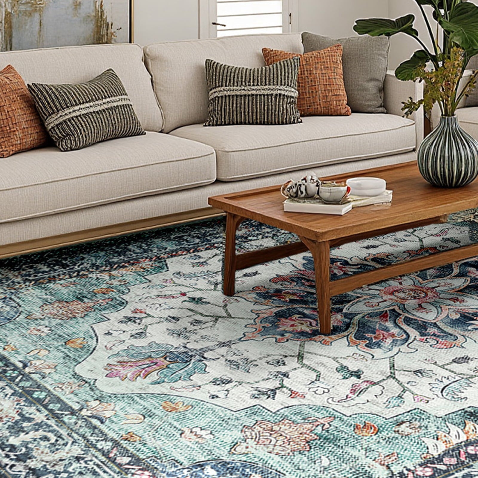 NewBuros Area Rugs 4'x6', Machine Washable Non-Slip Rug for Living Room Bedroom, Low Pile Floral Vintage Distress Print Pattern Medallion Carpet, Navy Blue White