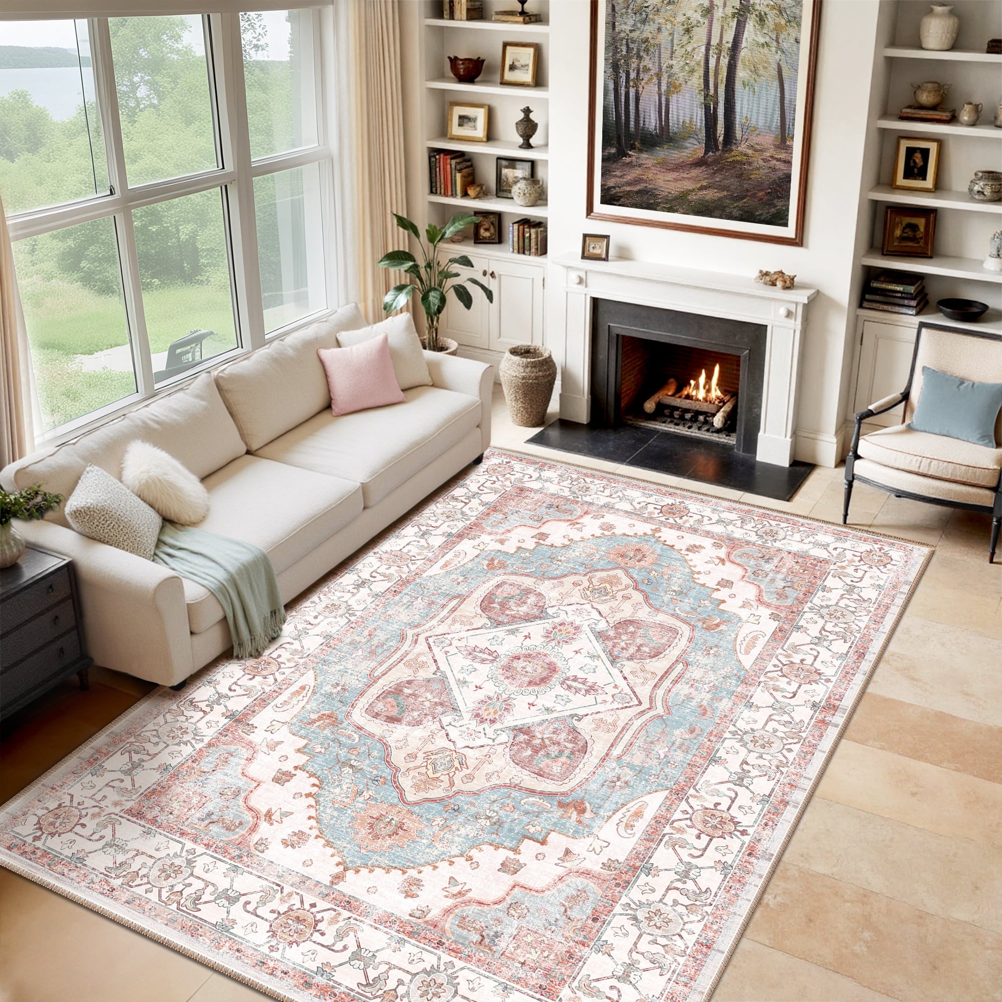 8'x10' Area Rug, Machine Washable Vintage Tribal Low Pile Indoor Carpet, Stain Resistant Non-Slip No-Shedding Soft Area Rugs for Living Room, Pink