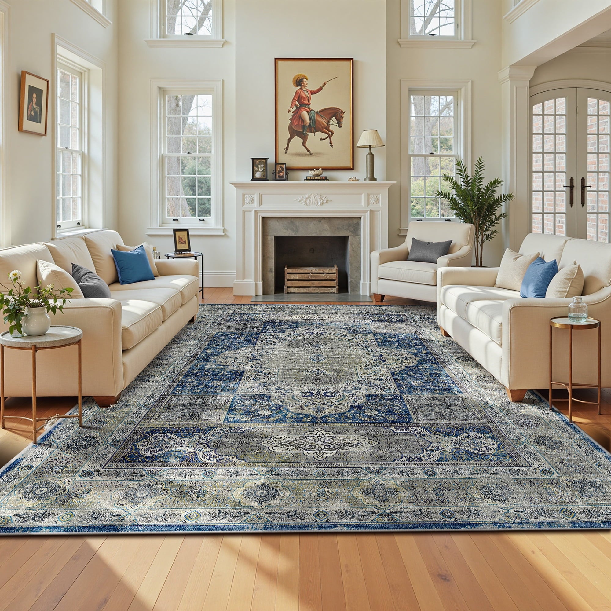 8'x10' Area Rugs for Living Room, Machine Washable No-Pile Non-Slip Soft Vintage Rugs, Indoor Print Bohemian Distressed Carpet, Blue