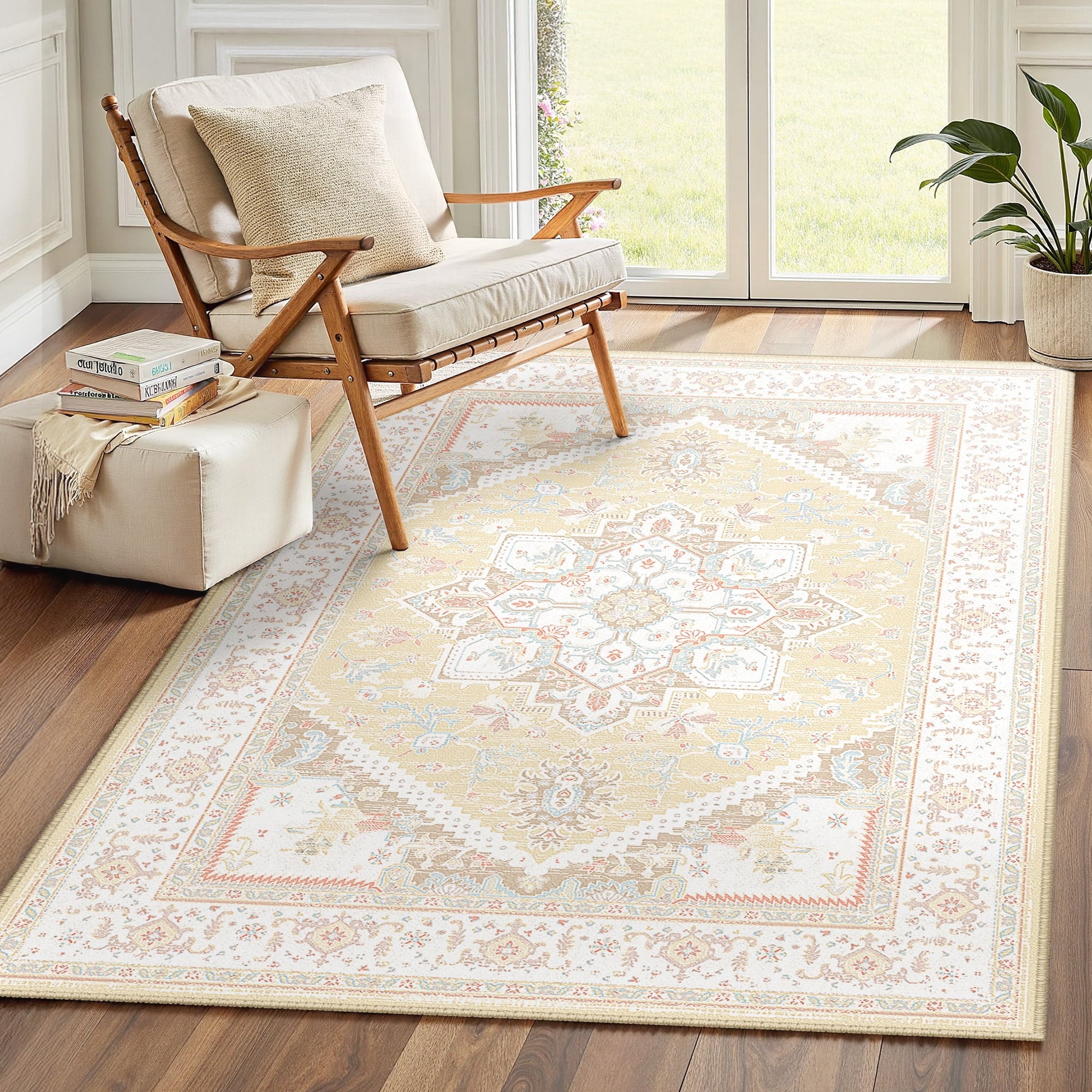 Area Rug 3'x5' Washable, Non Slip Stain Resistant Low Pile Soft Carpet, Vintage Print Pattern Rug for Living Room, Cream