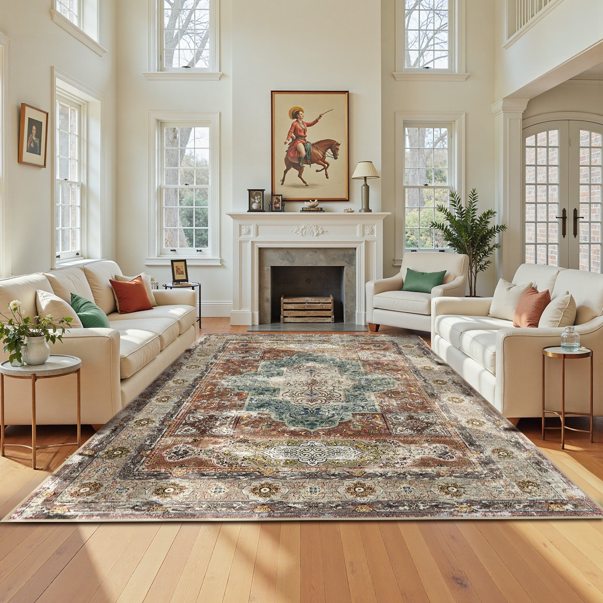 6'x9' Area Rugs for Living Room, Machine Washable No-Pile Non-Slip Soft Vintage Rugs, Indoor Print Bohemian Distressed Carpet, Brick Red