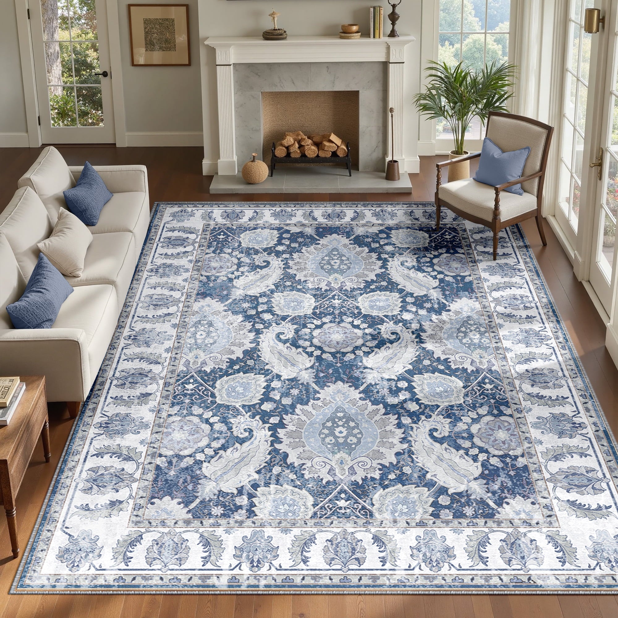 Boho Area Rug 8'x10', Machine Washable Non-Slip Vintage Bohemian Carpet, Indoor Soft Stain Resistant Low Pile Rug for Living Room, Navy Blue