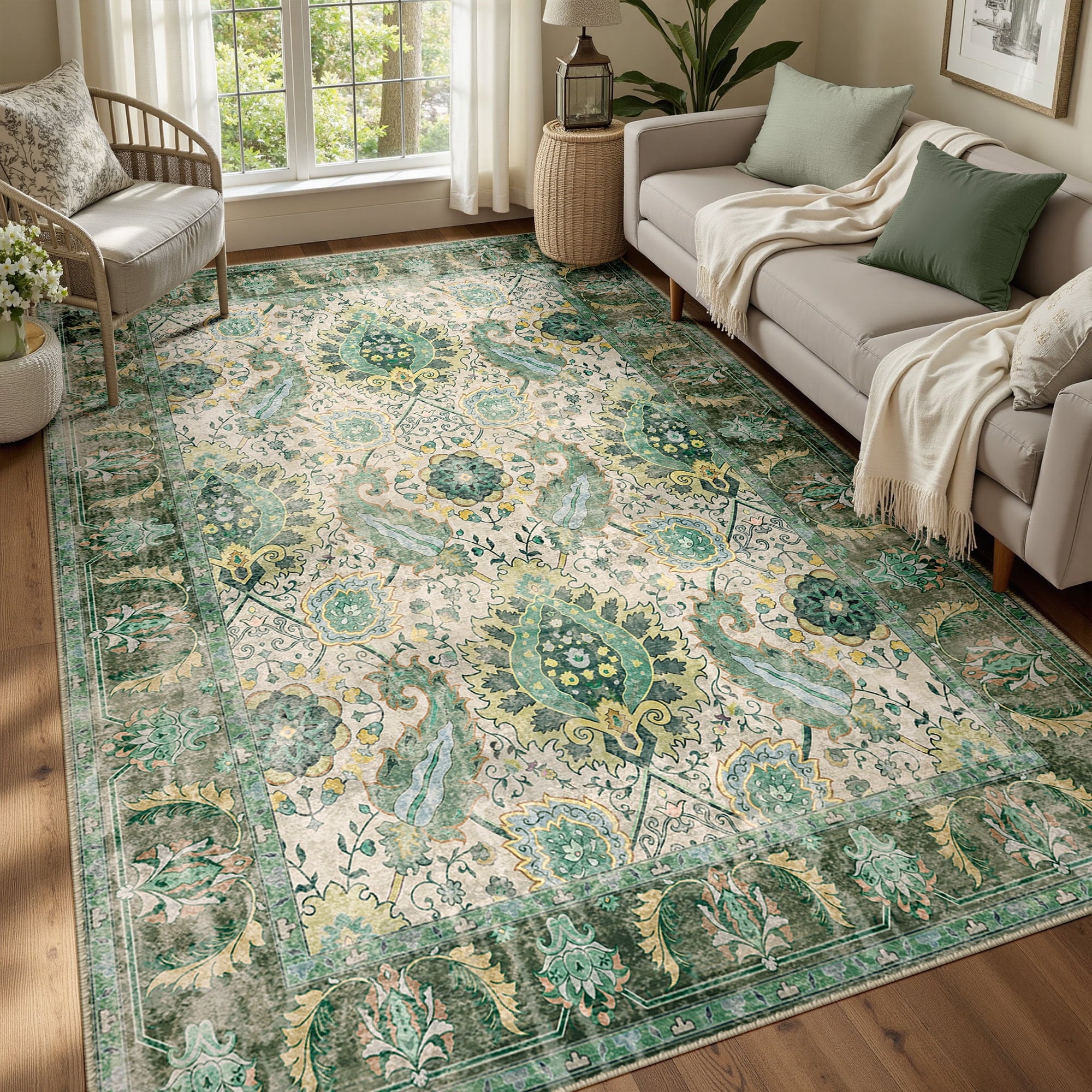 Boho Area Rug 5'x7', Machine Washable Non-Slip Vintage Bohemian Carpet, Indoor Soft Stain Resistant Low Pile Rug for Living Room, Light Green