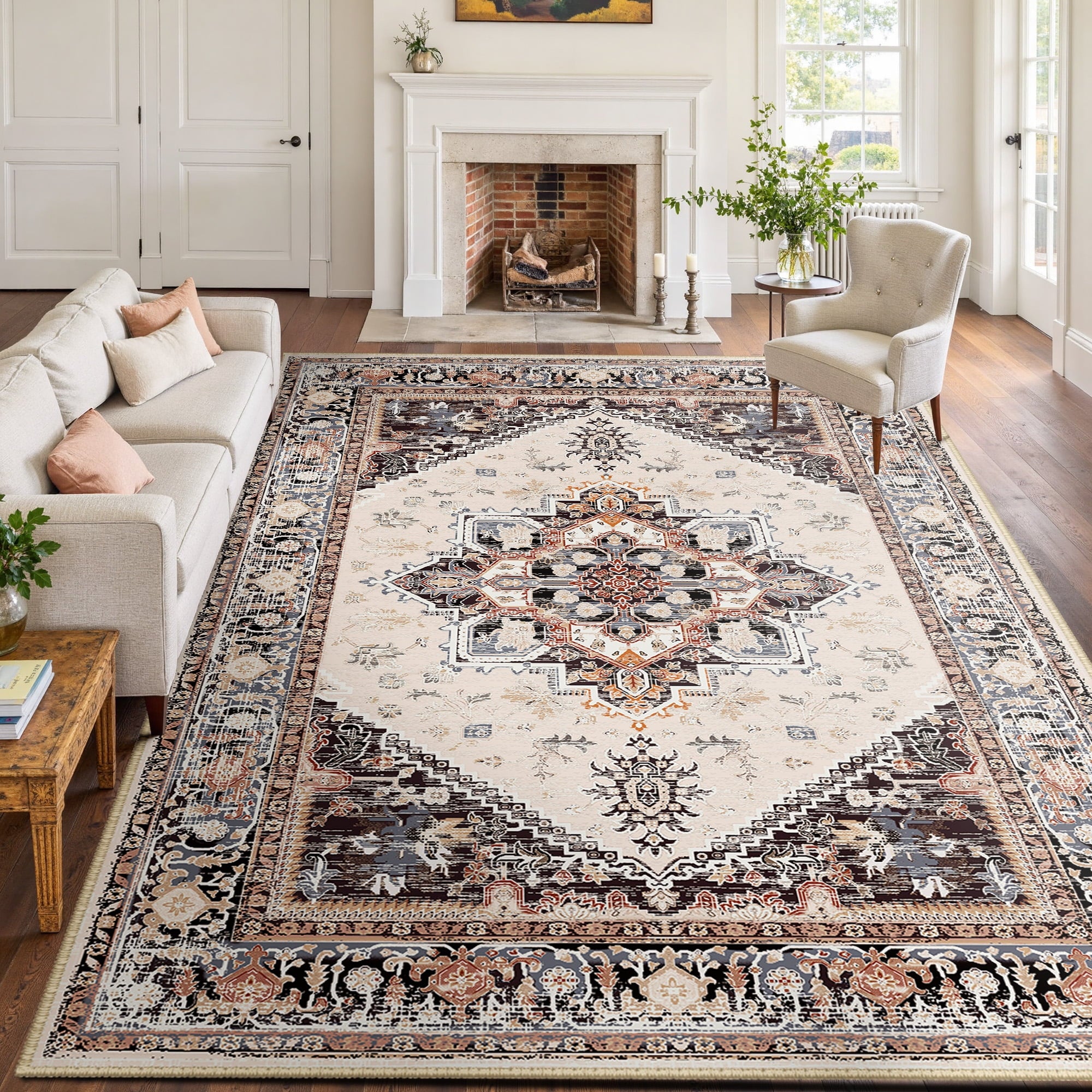 Area Rug 9'x12' Washable, Non Slip Stain Resistant Low Pile Soft Carpet, Vintage Print Pattern Rug for Living Room, Khaki