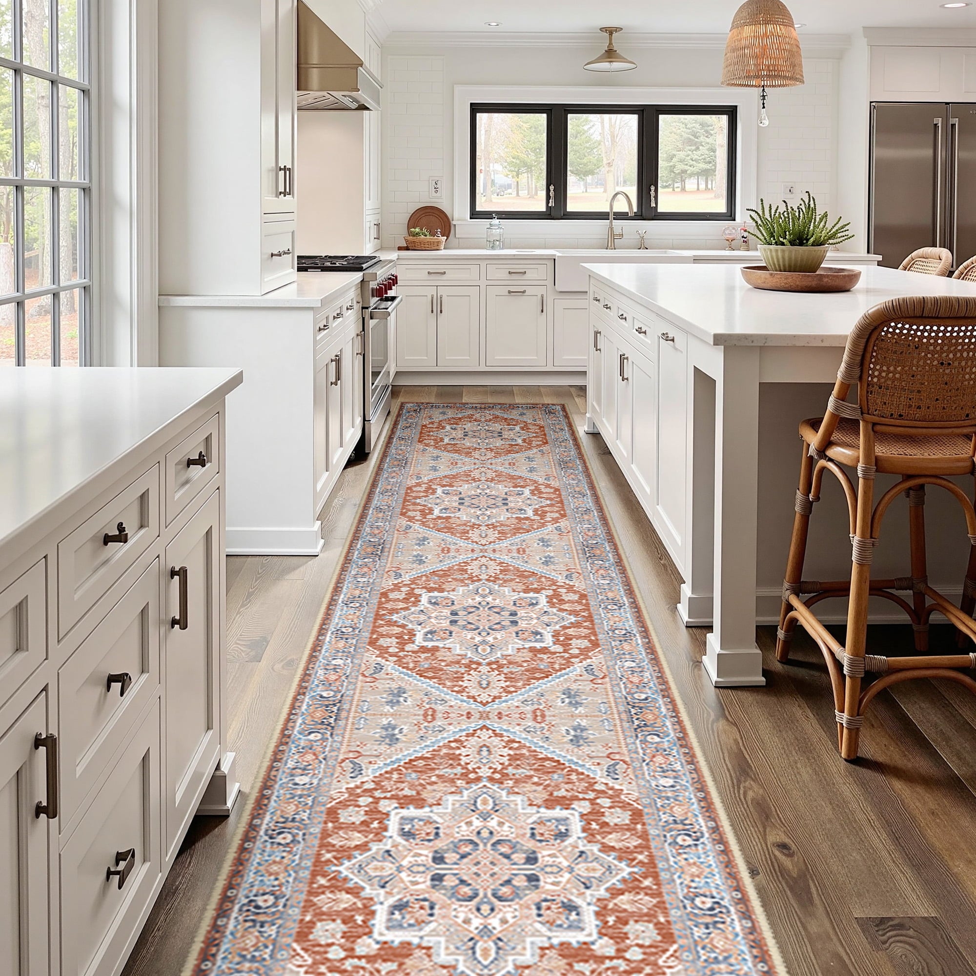 Area Rug 2'x10' Washable, Non Slip Stain Resistant Low Pile Soft Carpet, Vintage Print Pattern Runner Rug for Hallway, Brick