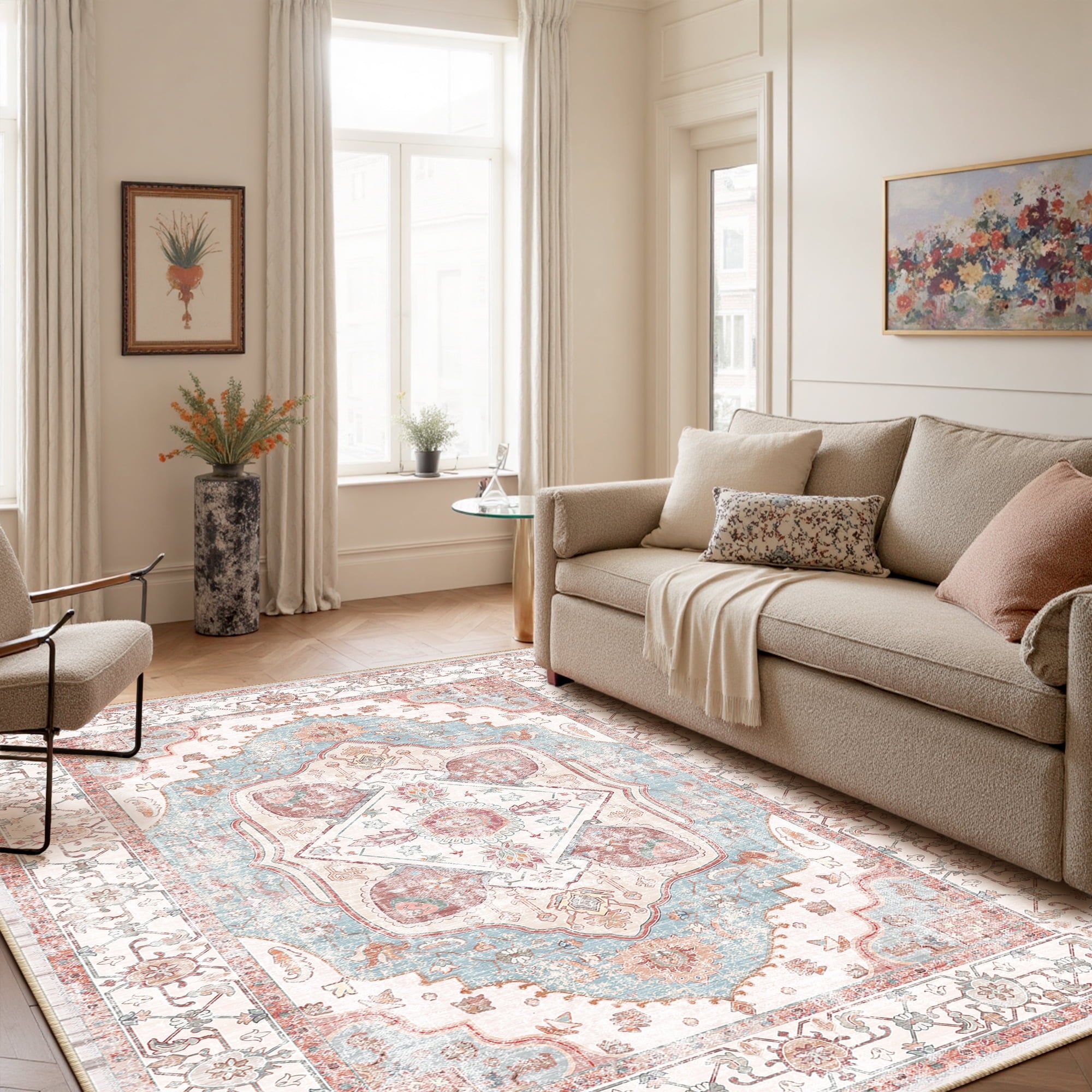 5'x7' Area Rug, Machine Washable Vintage Tribal Low Pile Indoor Carpet, Stain Resistant Non-Slip No-Shedding Soft Area Rugs for Living Room, Pink