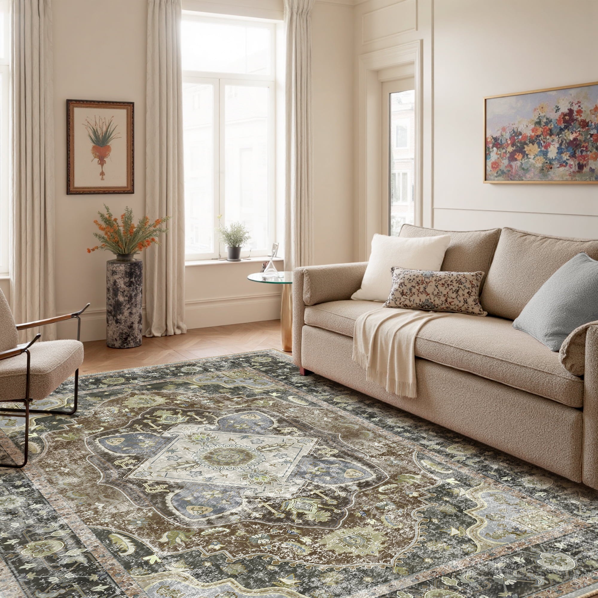 6'x9' Area Rug, Machine Washable Vintage Tribal Low Pile Indoor Carpet, Stain Resistant Non-Slip No-Shedding Soft Area Rugs for Living Room, Dark Green