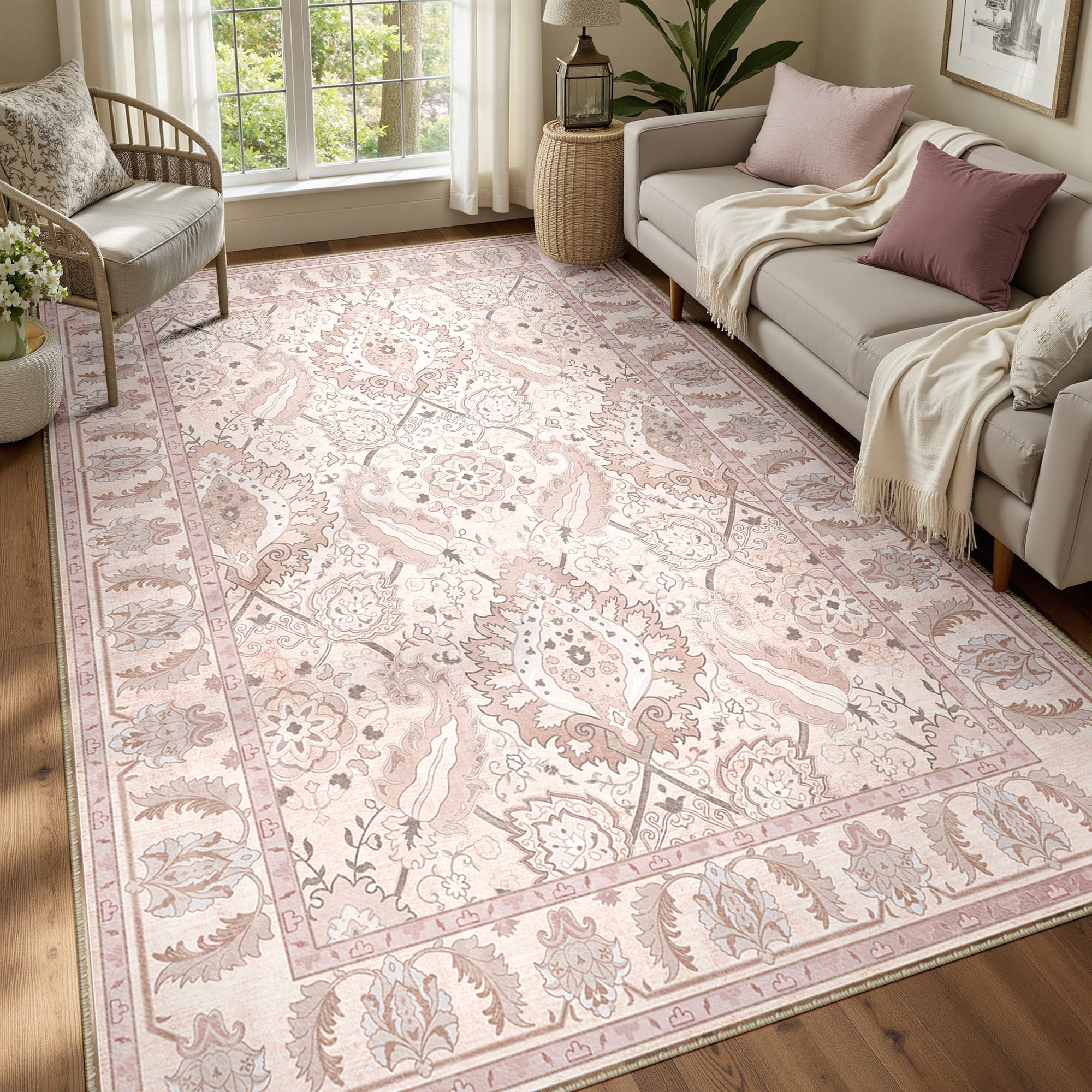 Boho Area Rug 5'x7', Machine Washable Non-Slip Vintage Bohemian Carpet, Indoor Soft Stain Resistant Low Pile Rug for Living Room, Pink