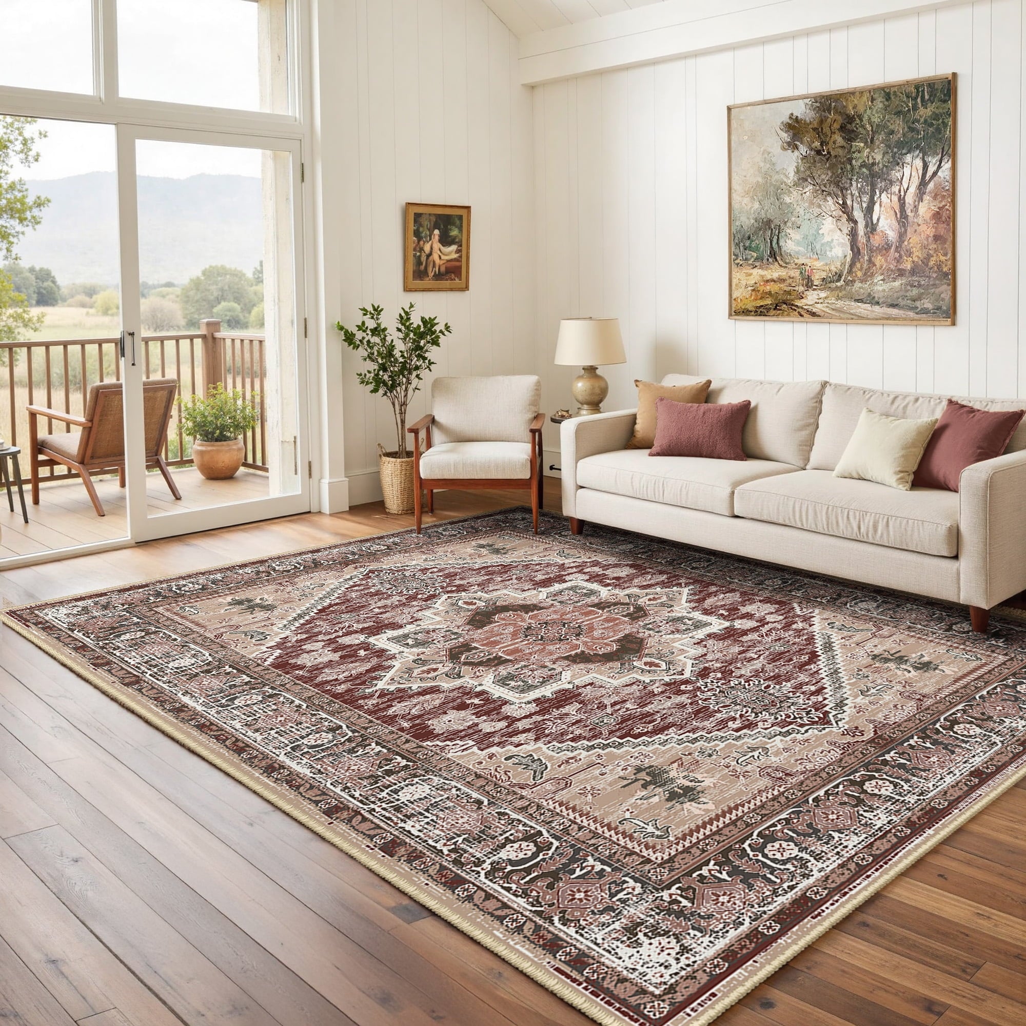 Area Rug 5'x7' Washable, Non Slip Stain Resistant Low Pile Soft Carpet, Vintage Print Pattern Rug for Living Room, Burgundy