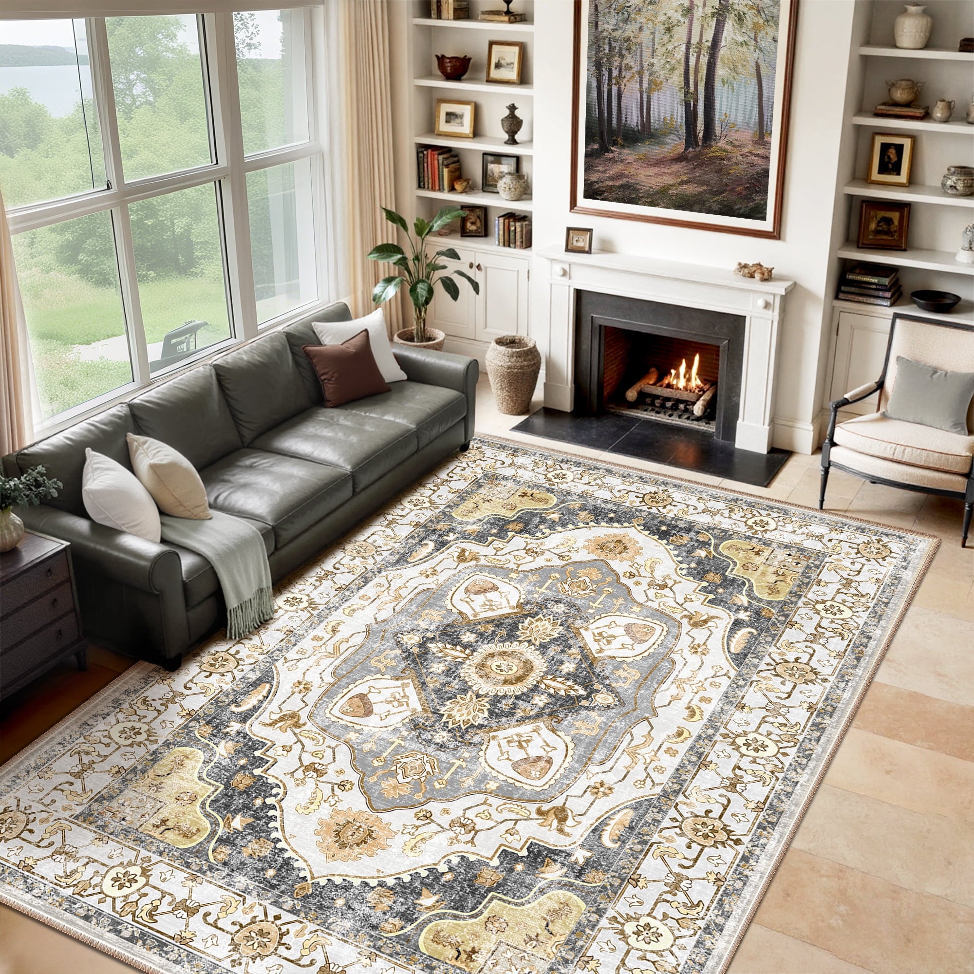 9'x12' Area Rug, Machine Washable Vintage Tribal Low Pile Indoor Carpet, Stain Resistant Non-Slip No-Shedding Soft Area Rugs for Living Room, Gray & Yellow