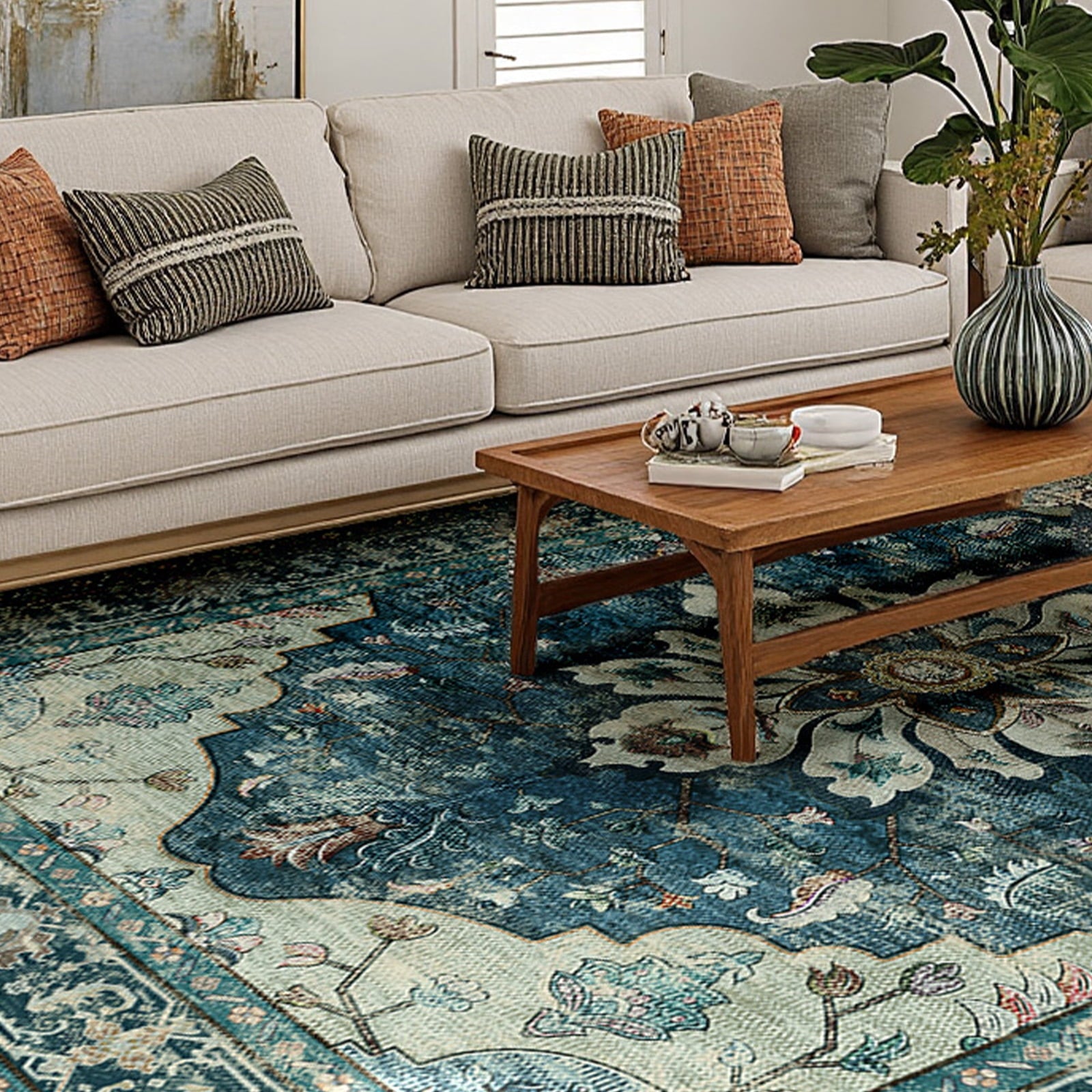 NewBuros Area Rugs 4'x6', Machine Washable Non-Slip Rug for Living Room Bedroom, Low Pile Floral Vintage Distress Print Pattern Medallion Carpet, Dark Blue