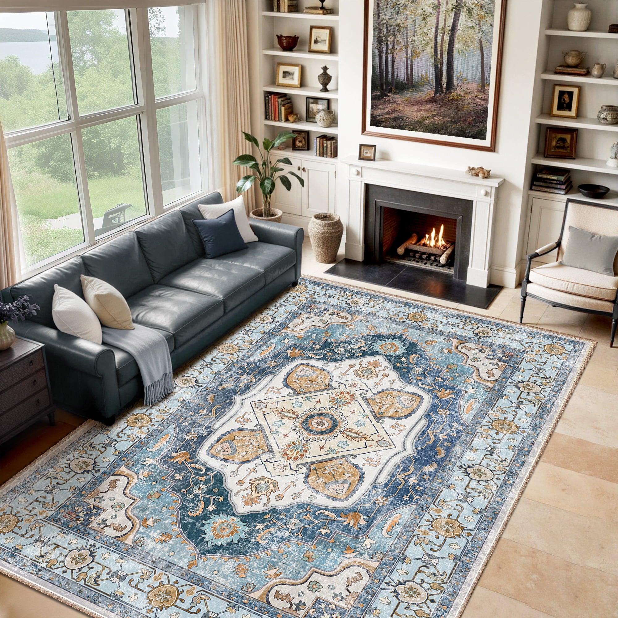 9'x12' Area Rug, Machine Washable Vintage Tribal Low Pile Indoor Carpet, Stain Resistant Non-Slip No-Shedding Soft Area Rugs for Living Room, Sky Blue