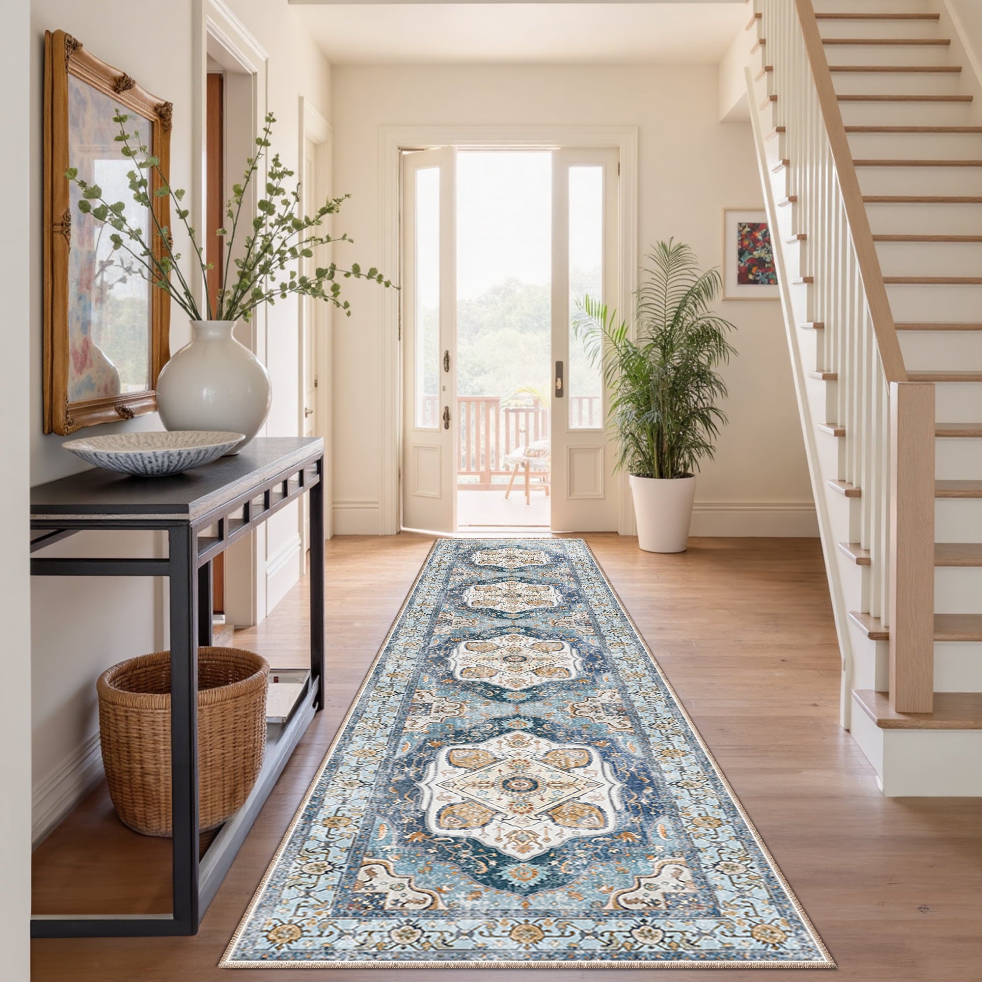 2'x10' Area Rug, Machine Washable Vintage Tribal Low Pile Indoor Carpet, Stain Resistant Non-Slip No-Shedding Soft Runner Rugs for Hallway, Sky Blue