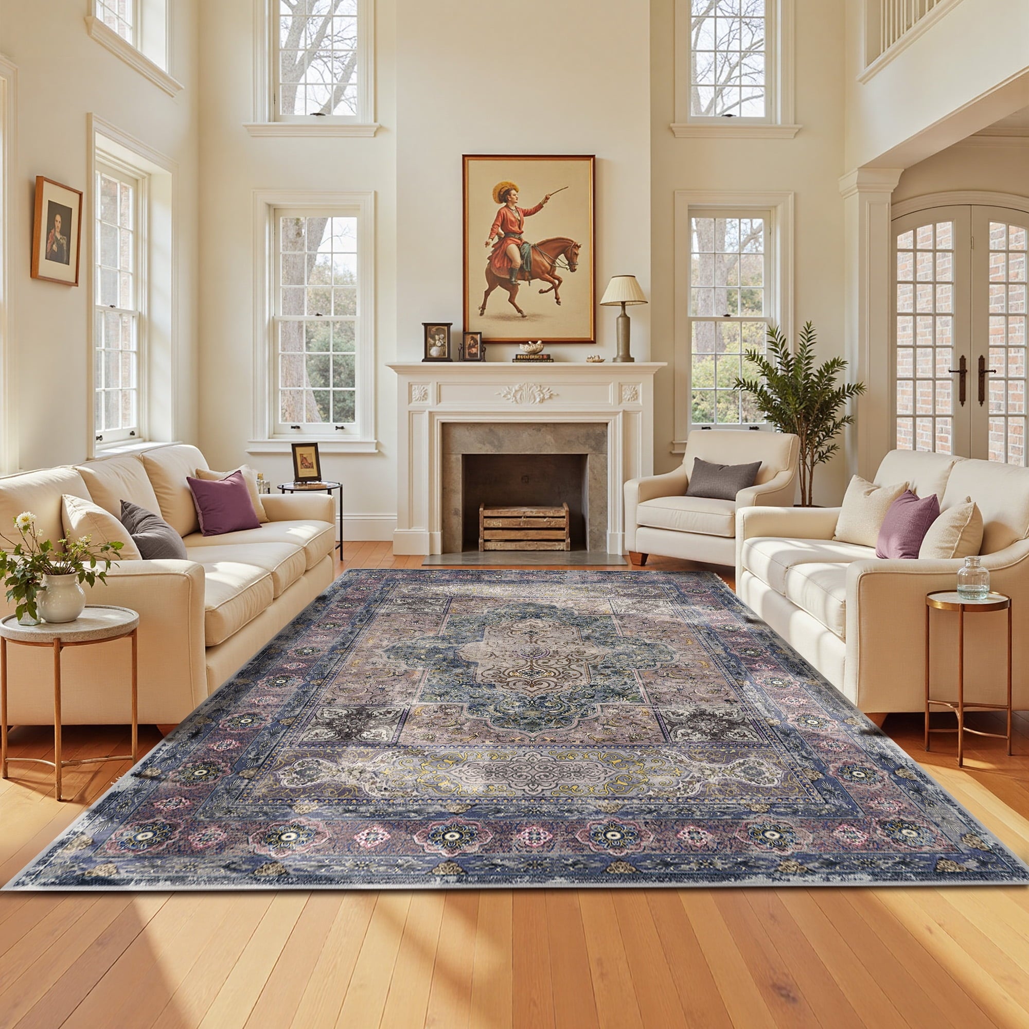 6'x9' Area Rugs for Living Room, Machine Washable No-Pile Non-Slip Soft Vintage Rugs, Indoor Print Bohemian Distressed Carpet, Purple