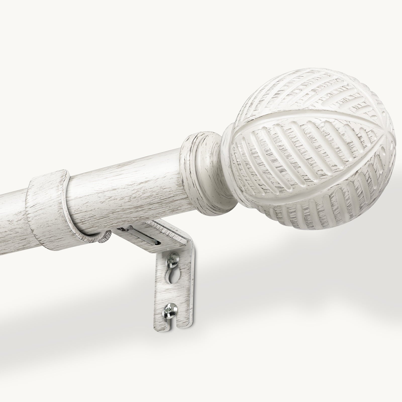 NewBuros Adjustable Wood Curtain Rod, 32 to 144 Inch, 1'' Diameter Heavy-Duty Indoor Curtain Rod, Sturdy Rust-Proof with Wood Grain Leaf Pattern, White