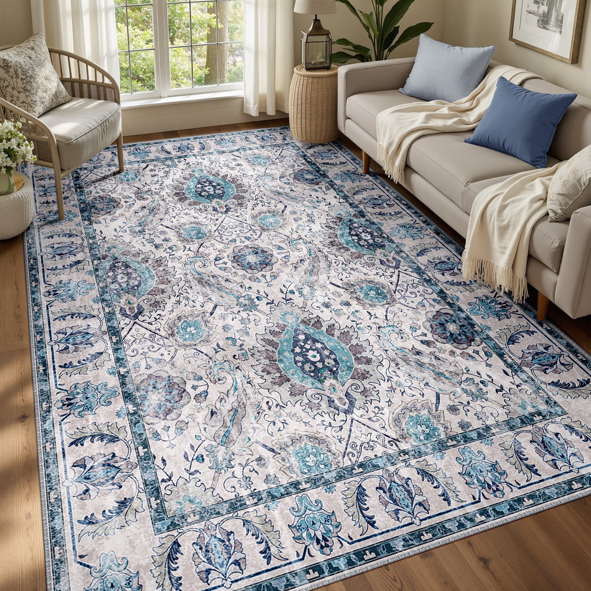 Boho Area Rug 5'x7', Machine Washable Non-Slip Vintage Bohemian Carpet, Indoor Soft Stain Resistant Low Pile Rug for Living Room, Turquoise