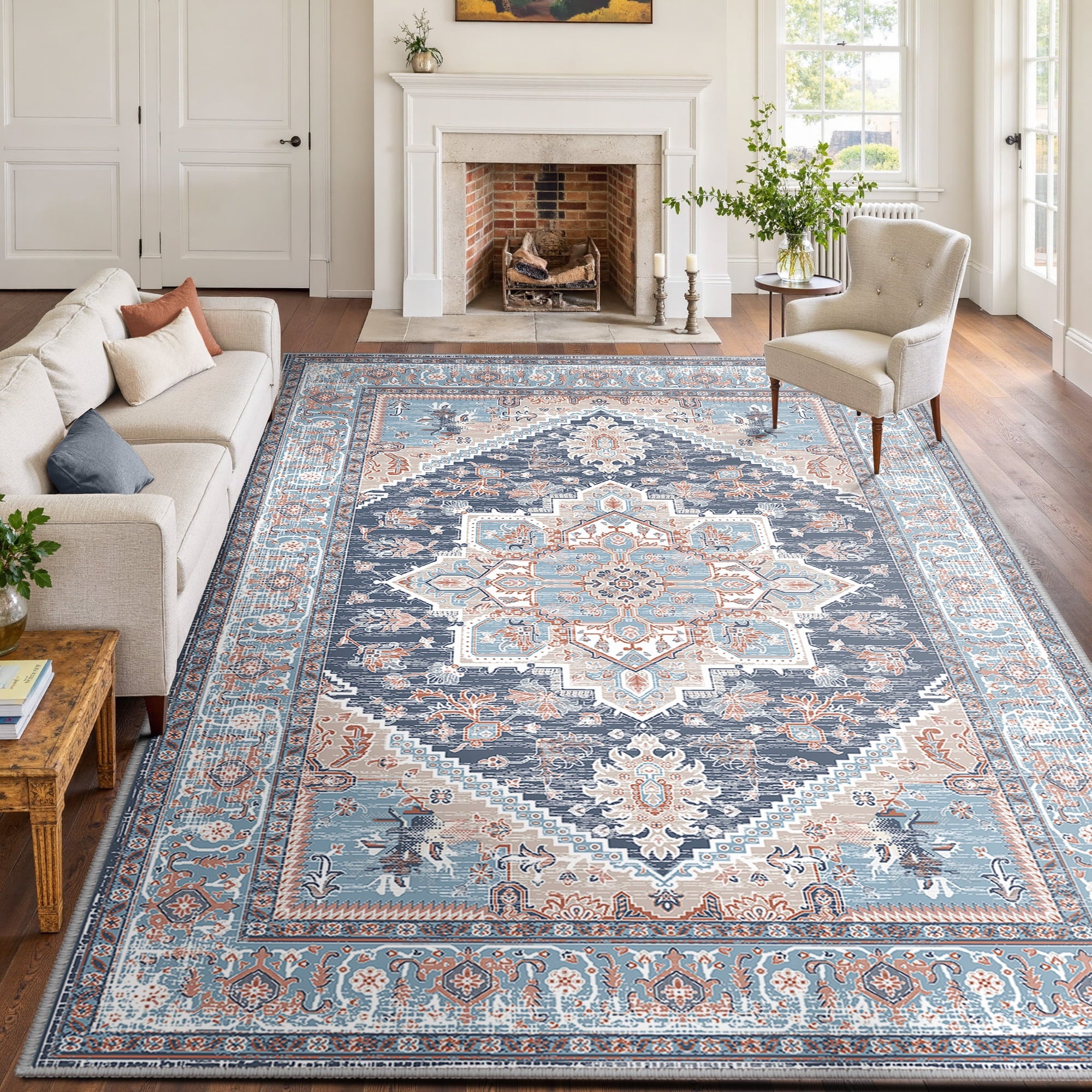 Area Rug 9'x12' Washable, Non Slip Stain Resistant Low Pile Soft Carpet, Vintage Print Pattern Rug for Living Room, Navy