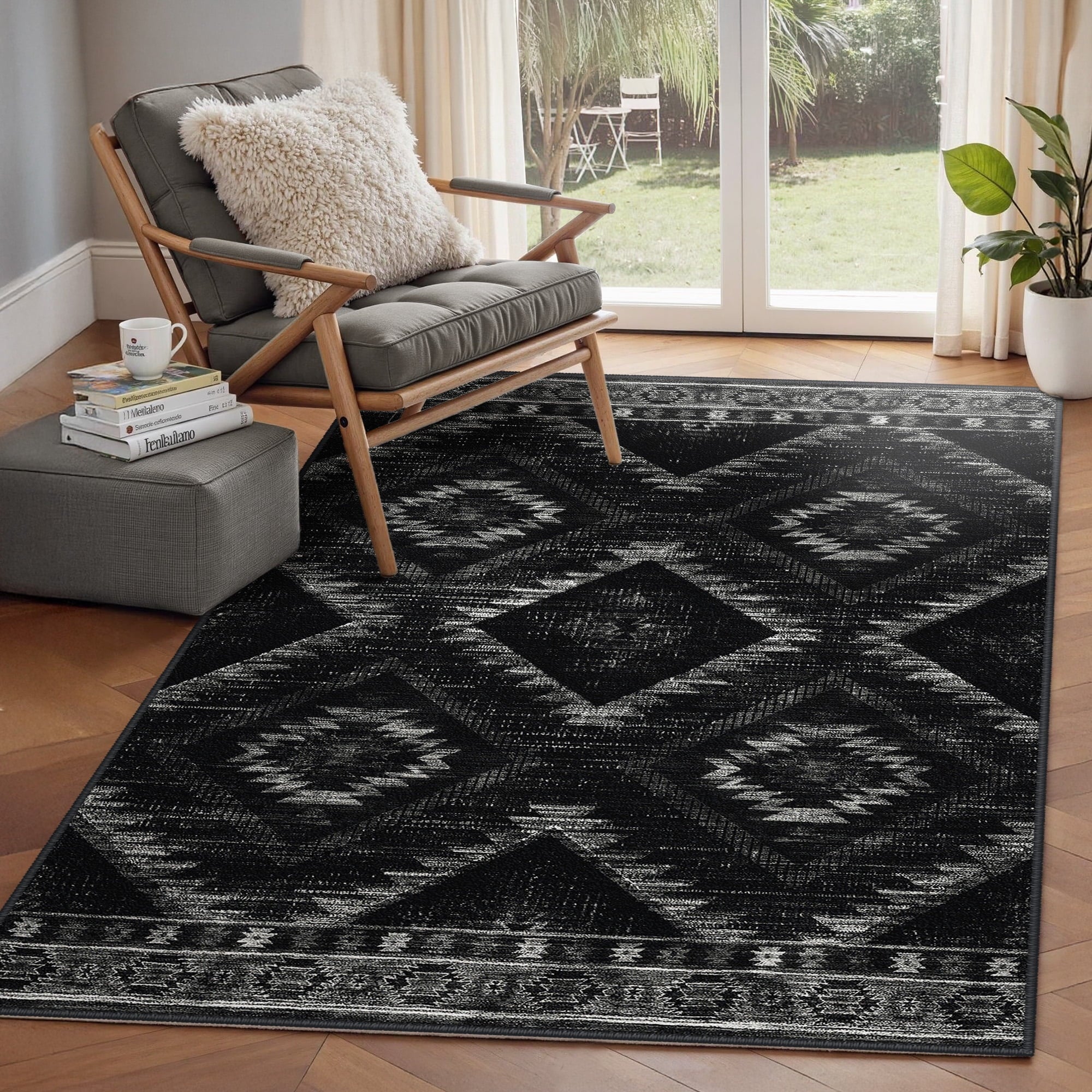 NewBuros 3'x5' Area Rugs for Living Room, Machine Washable Non-Slip Rugs, Low Pile Print Pattern Vintage Distressed Moroccan Western Carpet, Black