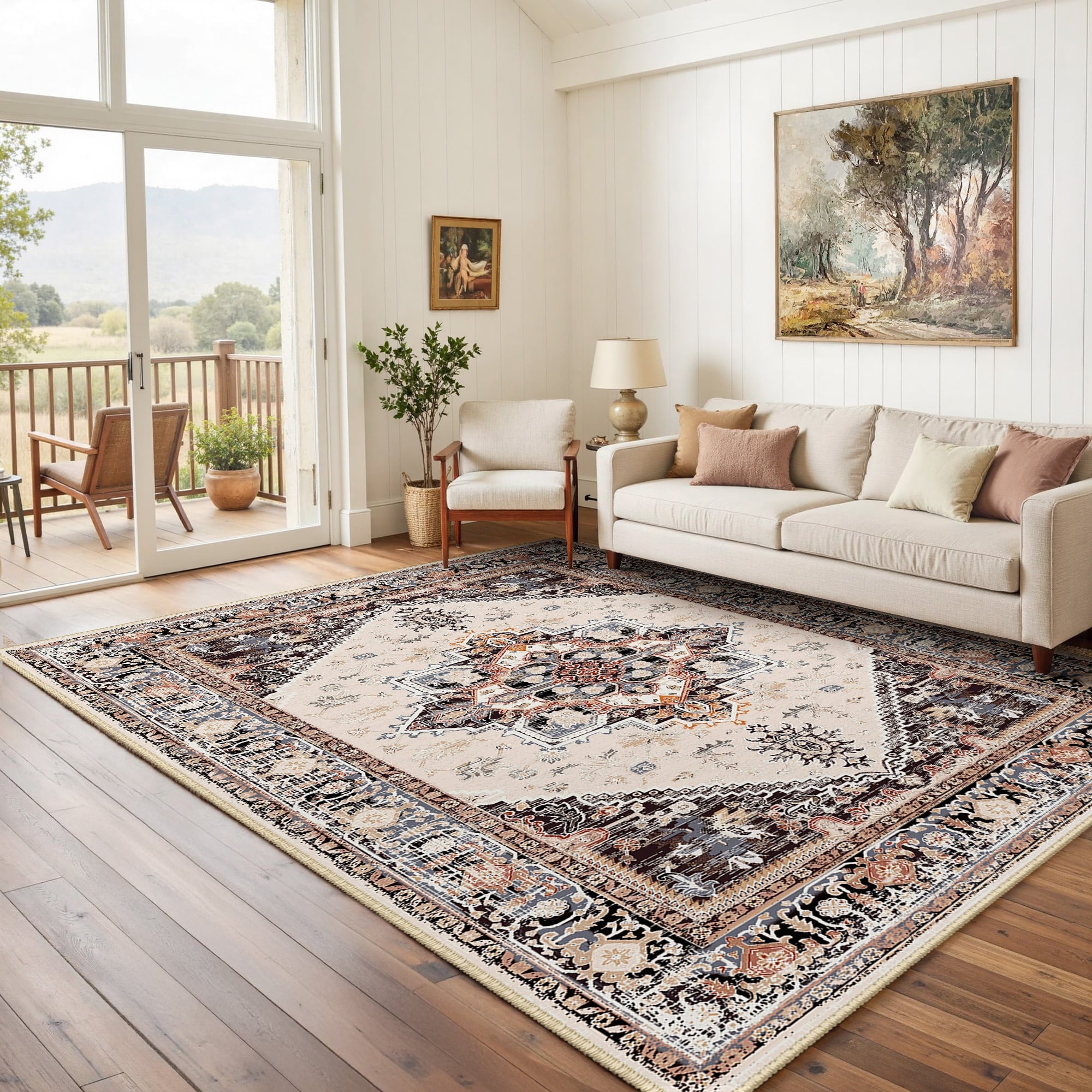 Area Rug 5'x7' Washable, Non Slip Stain Resistant Low Pile Soft Carpet, Vintage Print Pattern Rug for Living Room, Khaki