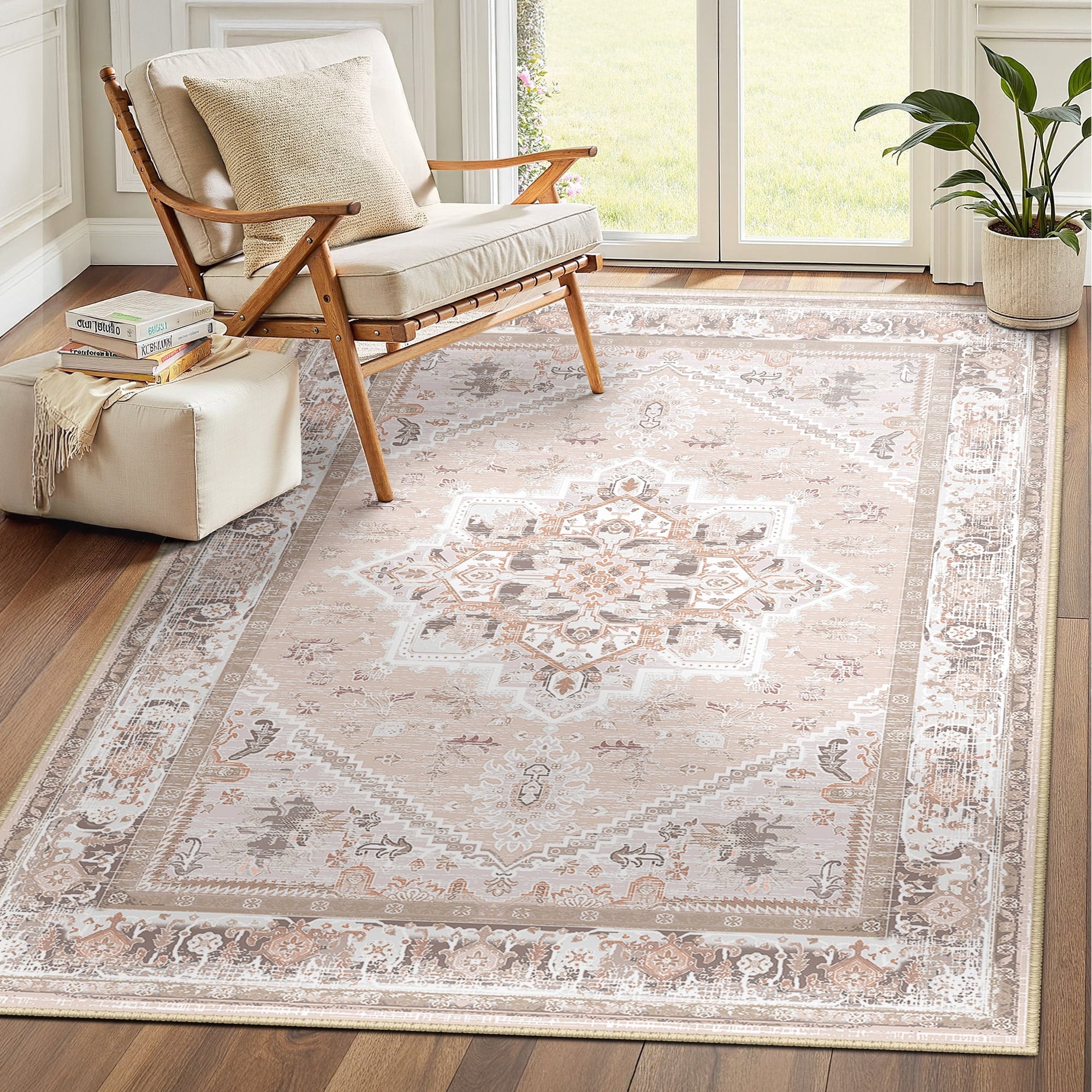 Area Rug 4'x6' Washable, Non Slip Stain Resistant Low Pile Soft Carpet, Vintage Print Pattern Rug for Living Room, Pink
