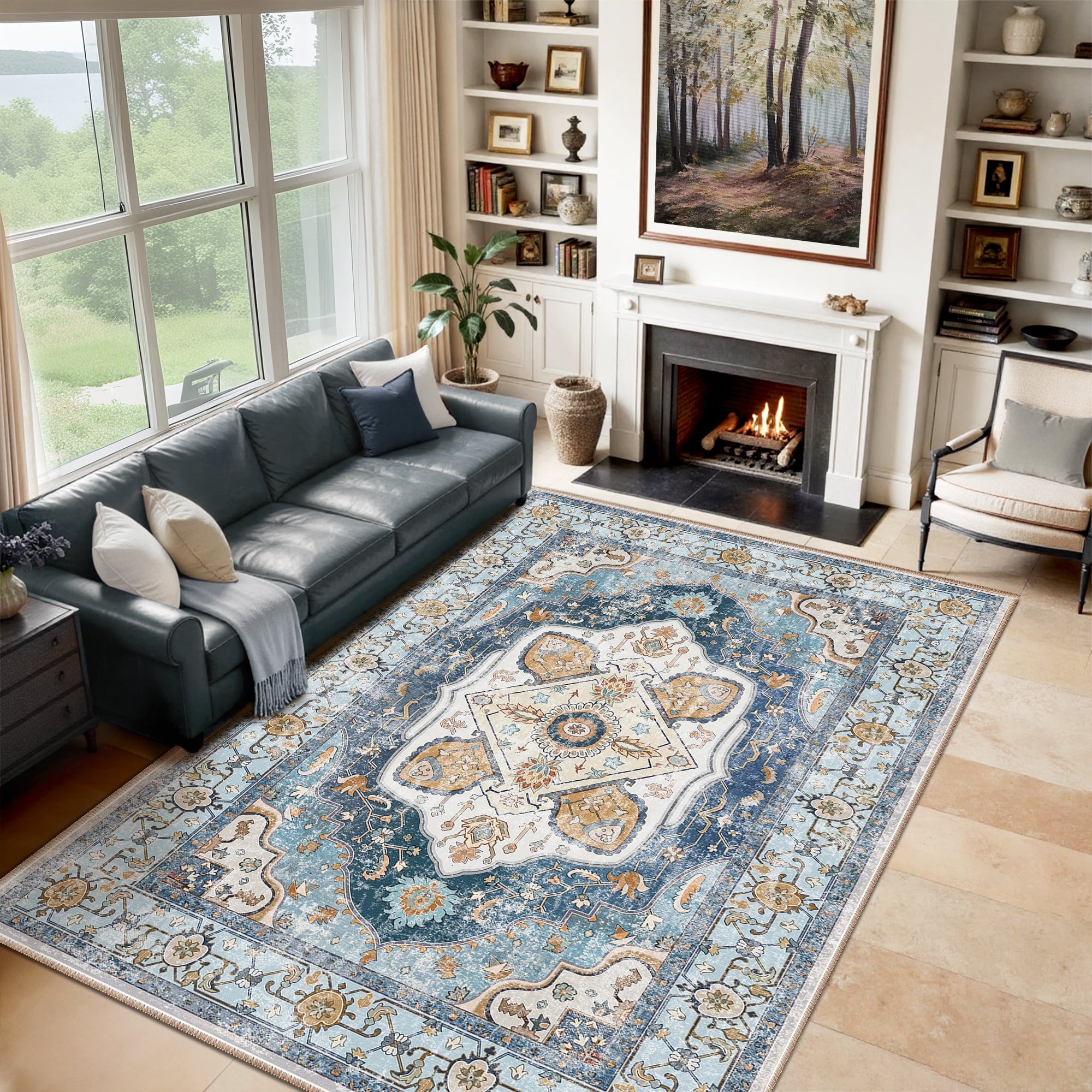 8'x10' Area Rug, Machine Washable Vintage Tribal Low Pile Indoor Carpet, Stain Resistant Non-Slip No-Shedding Soft Area Rugs for Living Room, Sky Blue