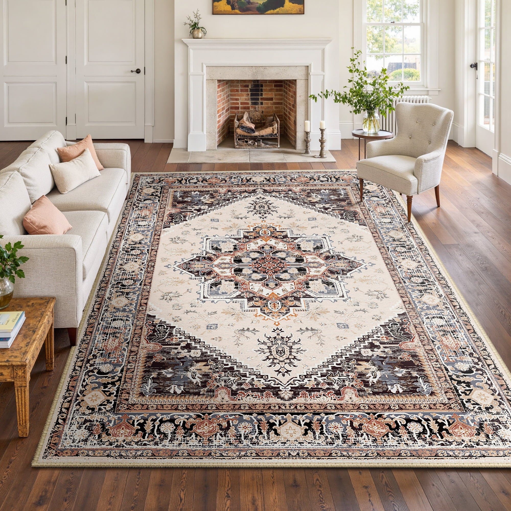 Area Rug 8'x10' Washable, Non Slip Stain Resistant Low Pile Soft Carpet, Vintage Print Pattern Rug for Living Room, Khaki