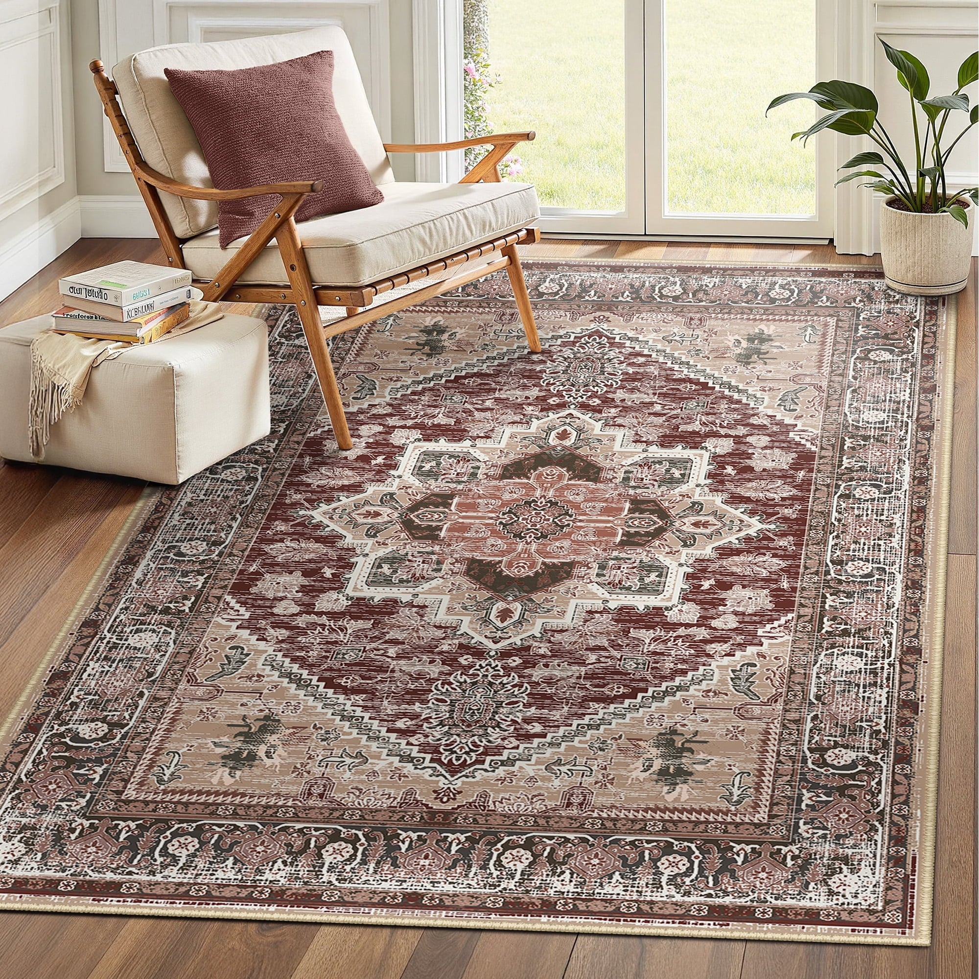 Area Rug 4'x6' Washable, Non Slip Stain Resistant Low Pile Soft Carpet, Vintage Print Pattern Rug for Living Room, Burgundy